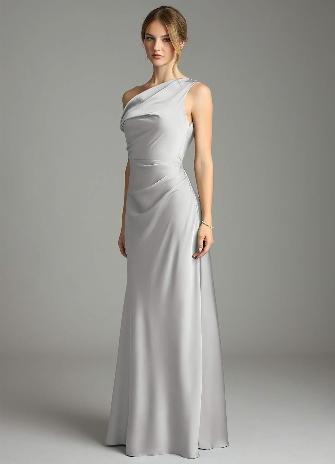 Emerson Mermaid One-Shoulder Stretch Satin Bridesmaid Dress in Silver