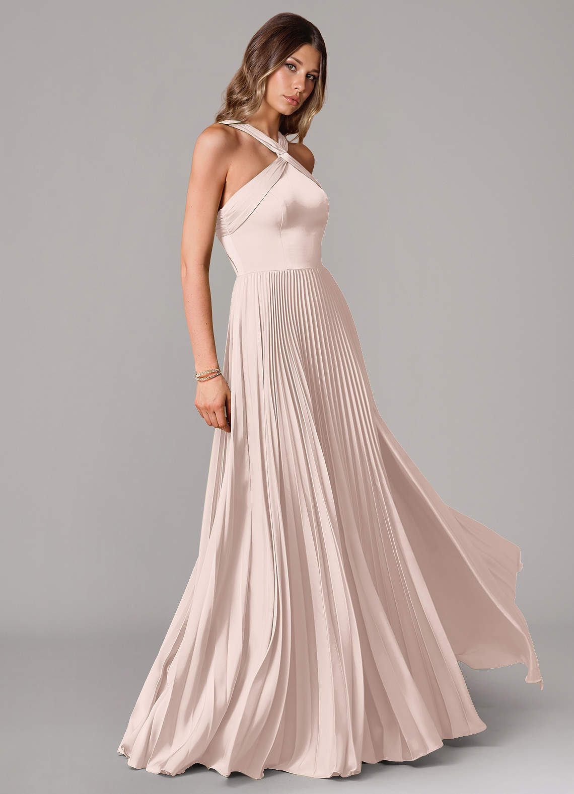 Afra A-Line Halter-Neck Stretch Satin Bridesmaid Dress in Blushing Pink