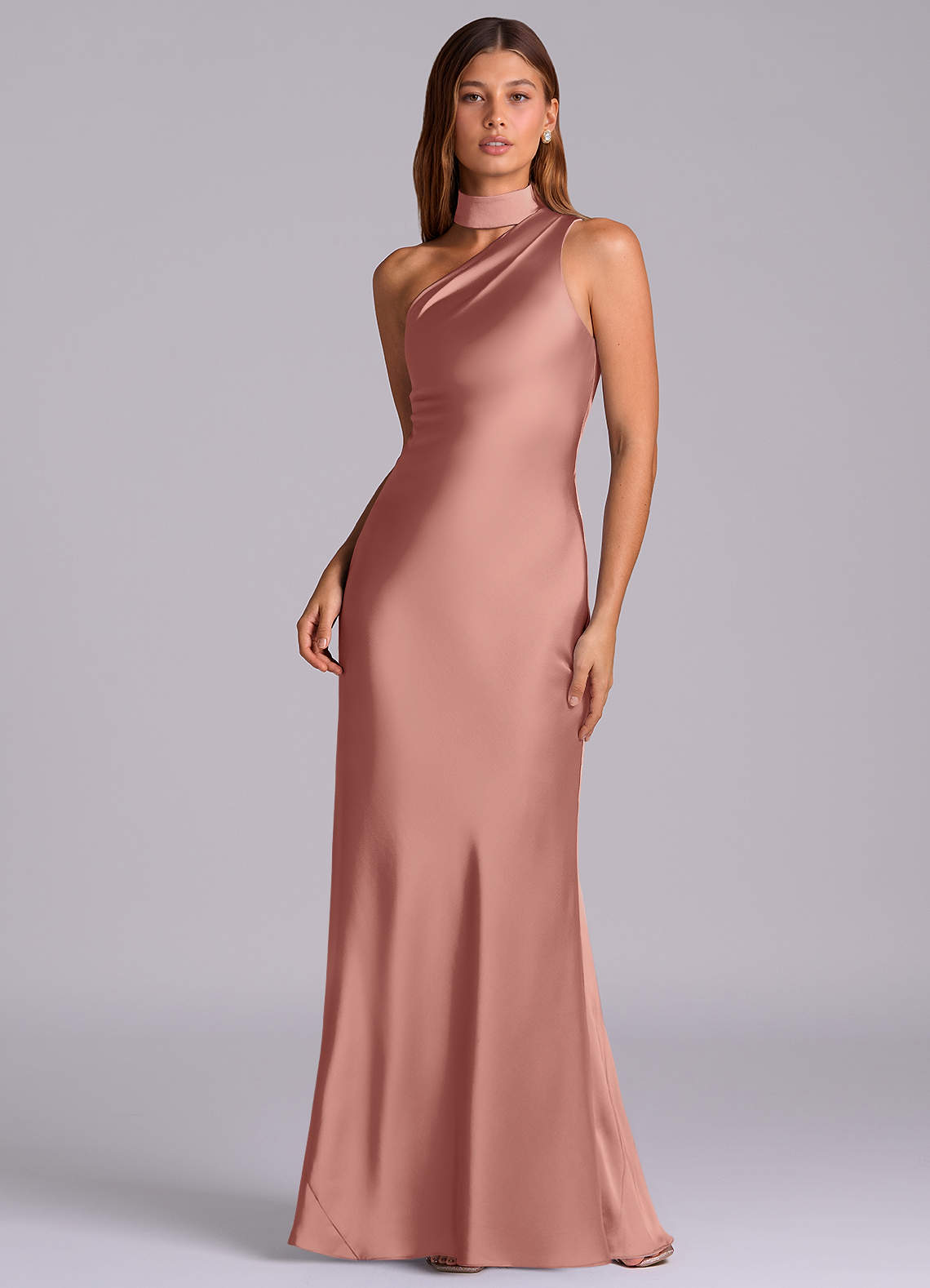 Seona Mermaid One-Shoulder Stretch Satin and Tulle Bridesmaid Dress in Rosette