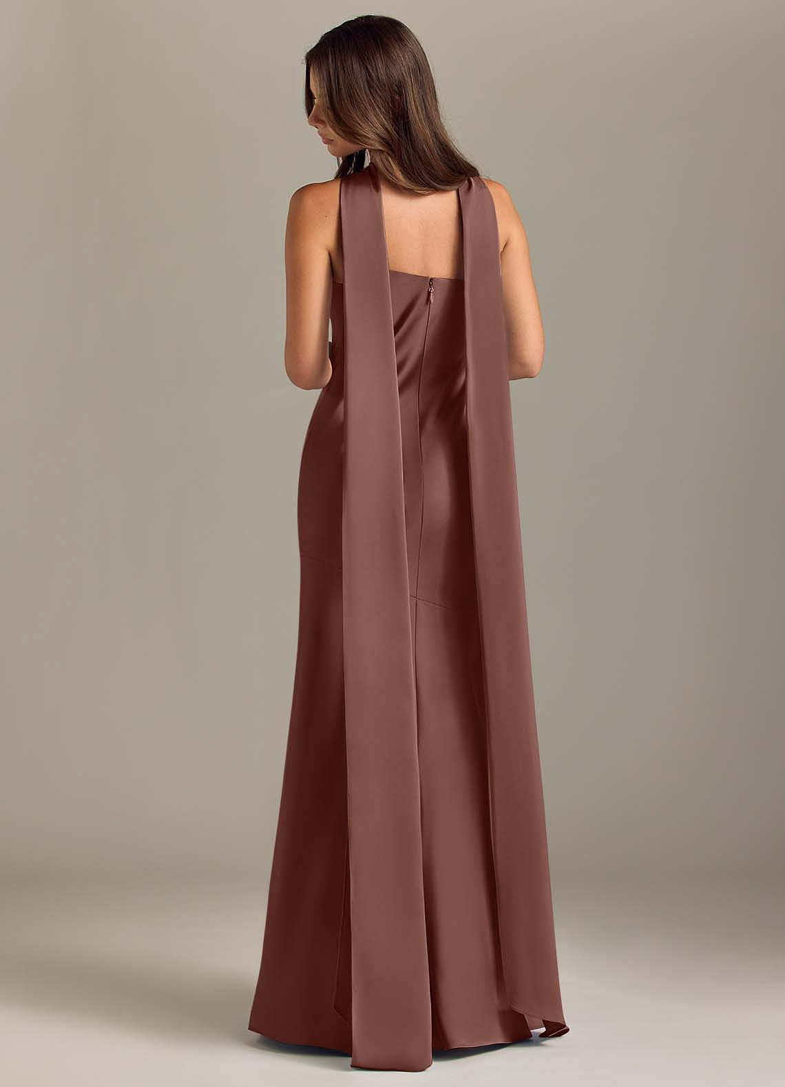 Kinsley Mermaid Halter Stretch Satin Bridesmaid Dress in Espresso