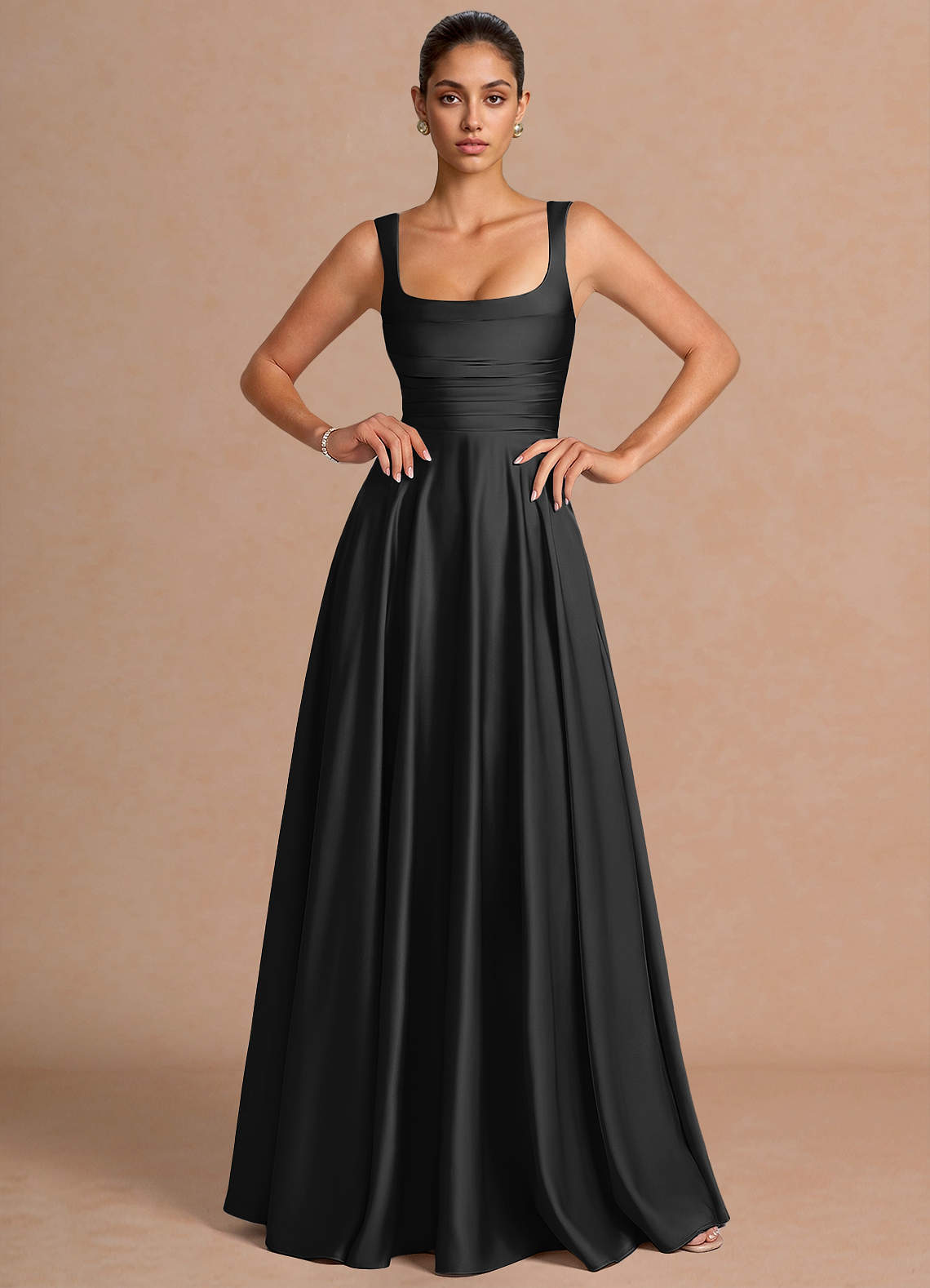 Azaria A-Line Square-Neck Stretch Satin Wedding Guest Dress in Haze blue