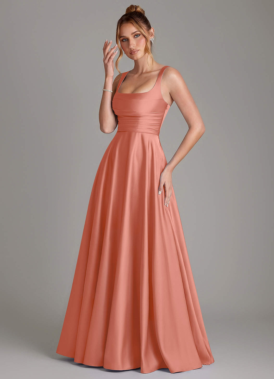 Azaria A-Line Square-Neck Stretch Satin Bridesmaid Dress in Salmon Pink