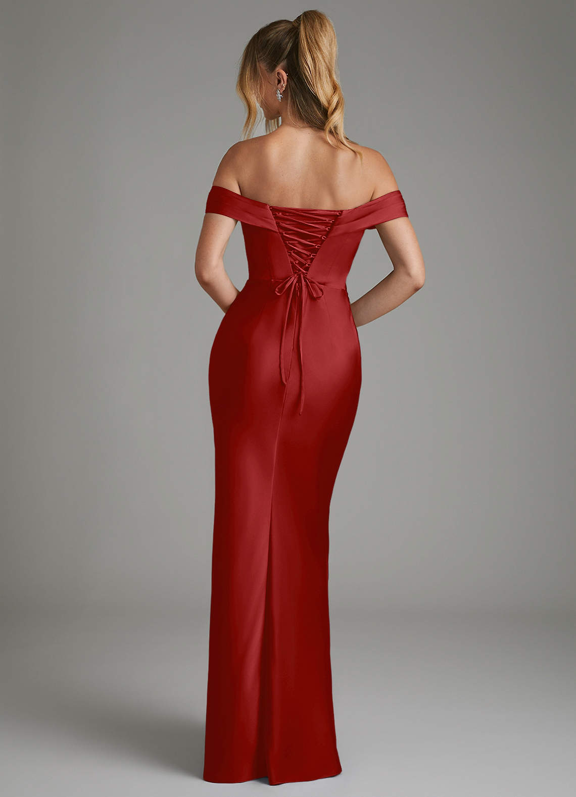 Hayden Mermaid Off-the-Shoulder Stretch Satin Bridesmaid Dress in Pomegranate