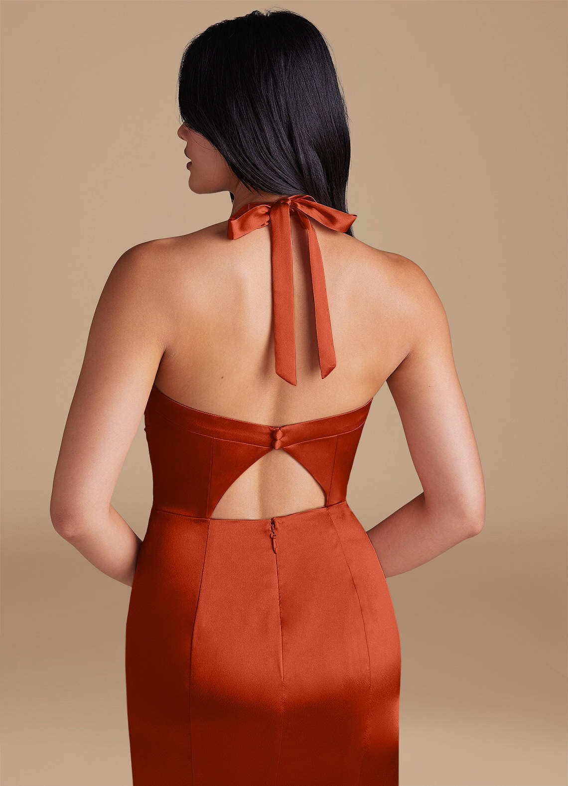 Emeria Sheath Halter Metallic Satin Bridesmaid Dress in Paprika