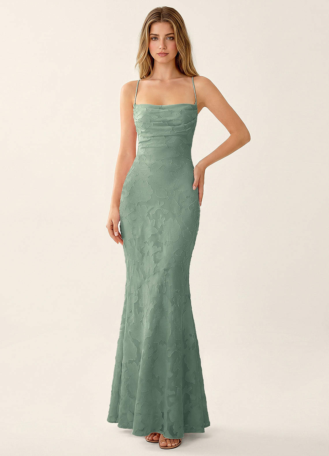 Natasha Mermaid Spaghetti-Strap Floral Burnout Evening Dress in Aloe Green