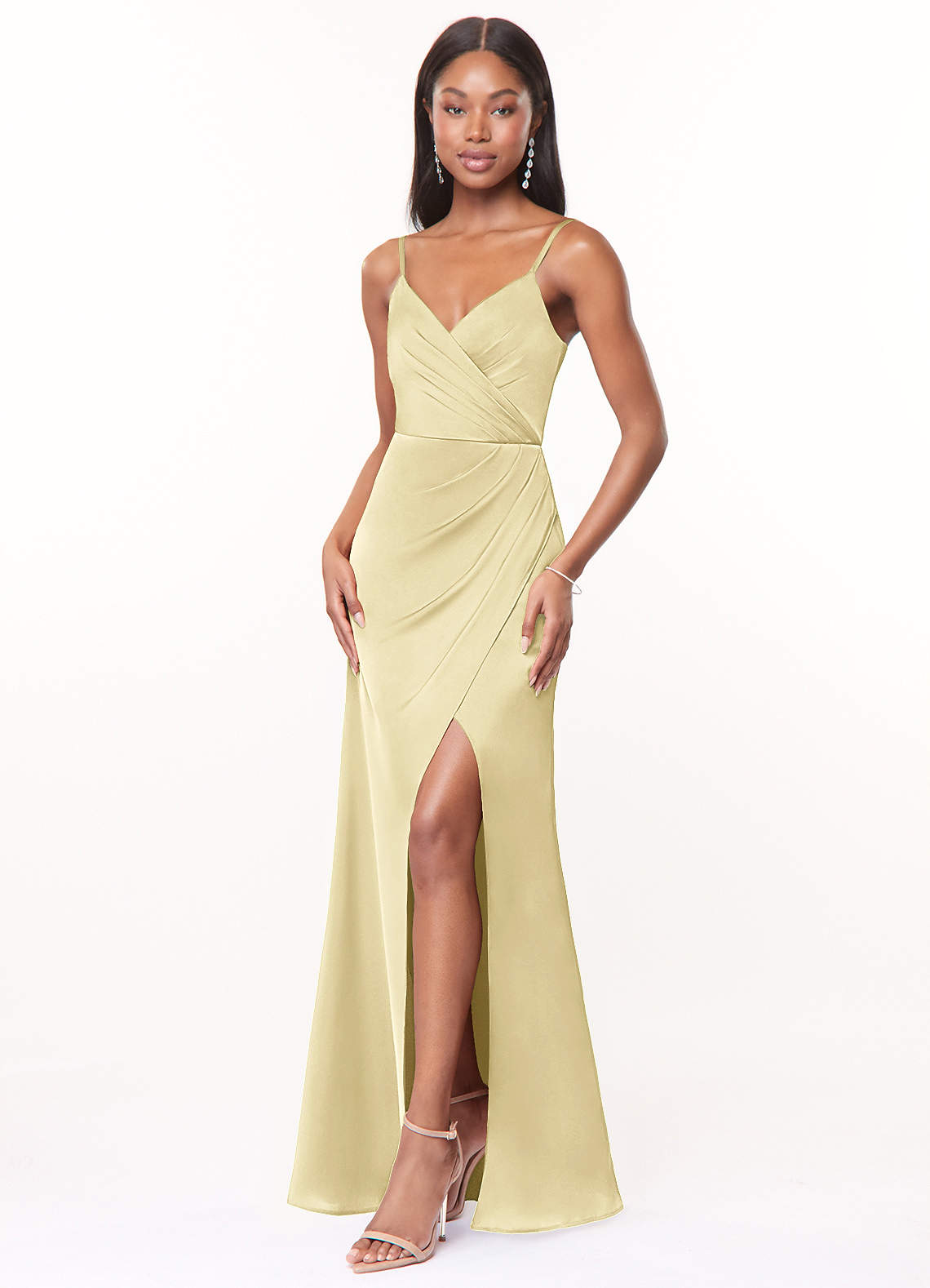 Maci A-Line V-Neck Stretch Satin Bridesmaid Dress in Lemon Sorbet