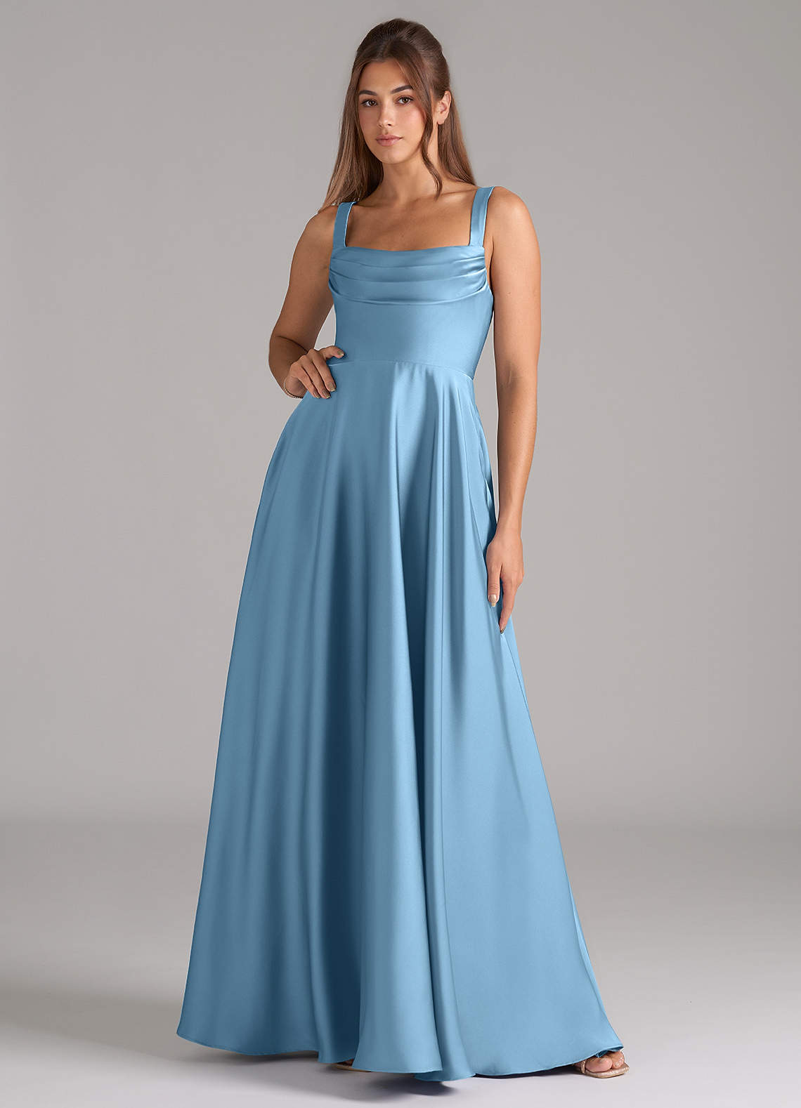 Shaude A-Line Square-Neck Stretch Satin Bridesmaid Dress in Steel Blue