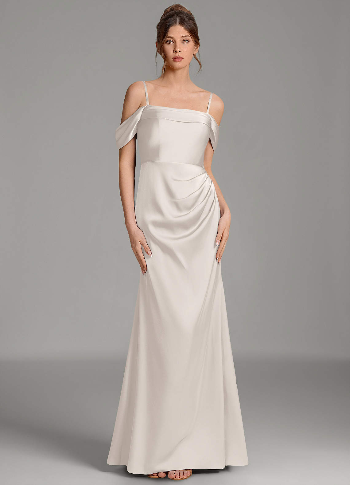 Wyatt Mermaid Off-the-Shoulder Stretch Satin Bridesmaid Dress in White Alabaster