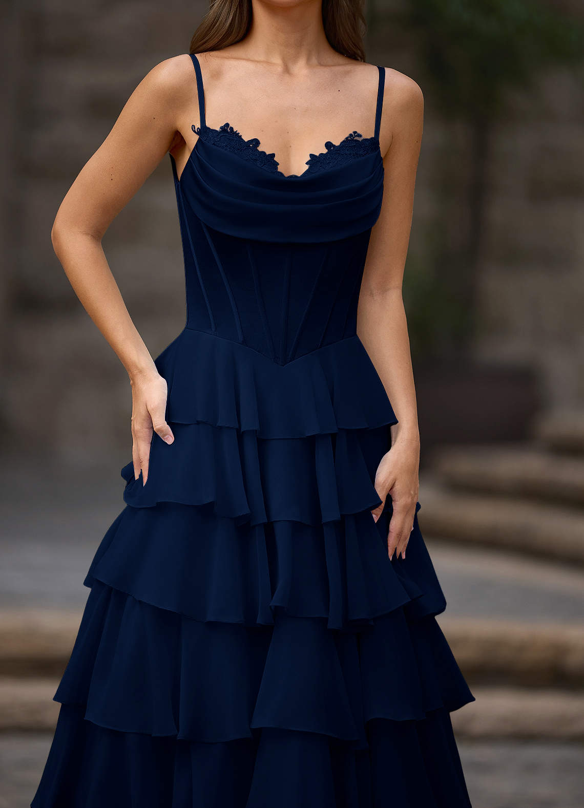 Floralace A-Line Ruffle Chiffon Evening Dress in Navy
