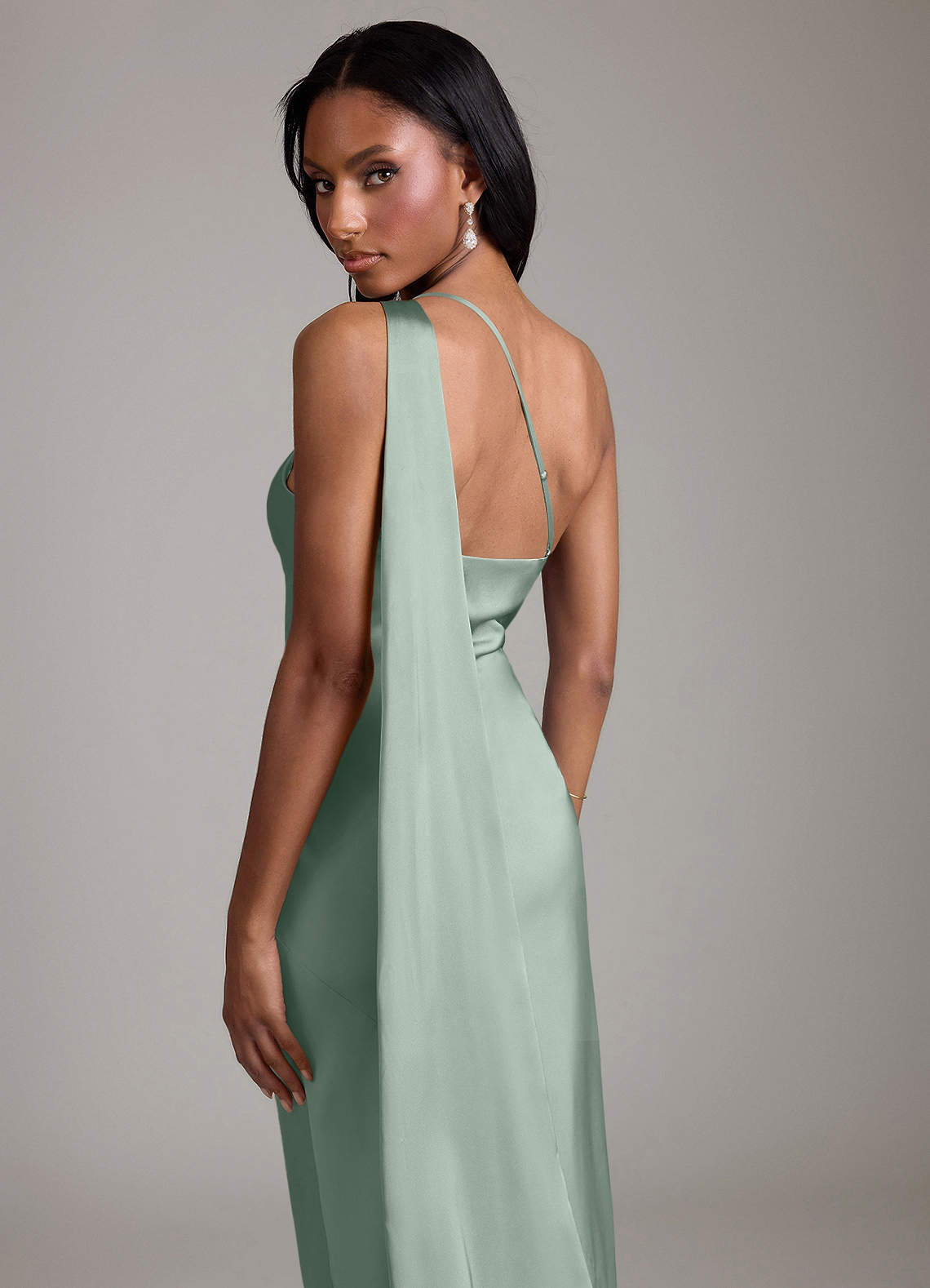Juniper Mermaid One-Shoulder Stretch Satin Bridesmaid Dress in Agave