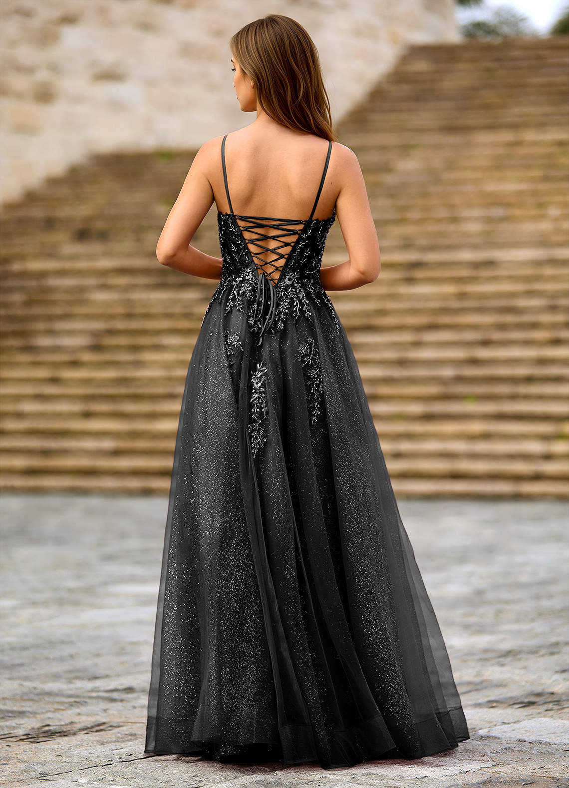 Milliener A-Line V-Neck Tulle Evening Dress in black