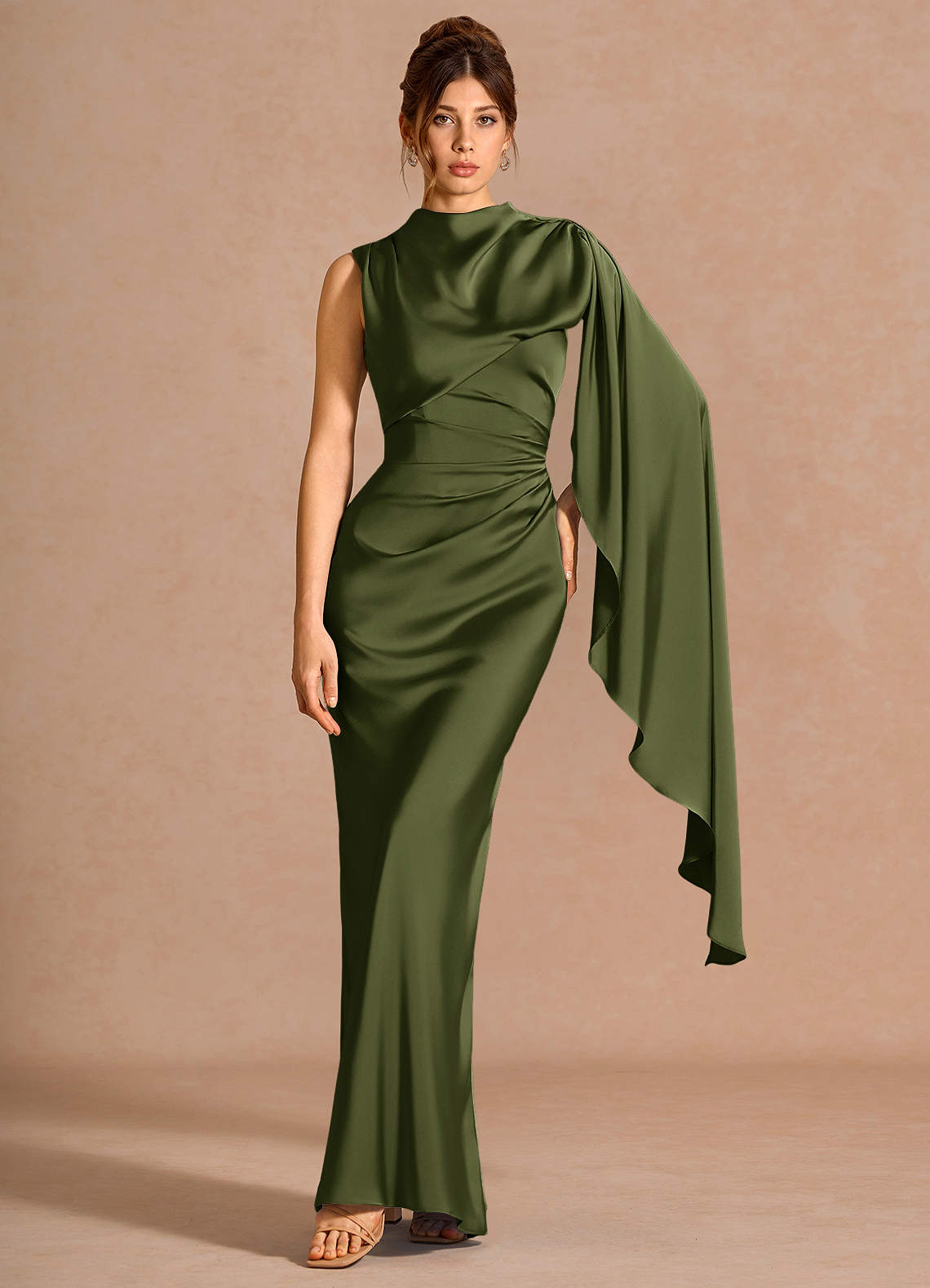 Chesney Cape-Sleeve Pleated Stretch Satin Wedding Guest Dress in Olive