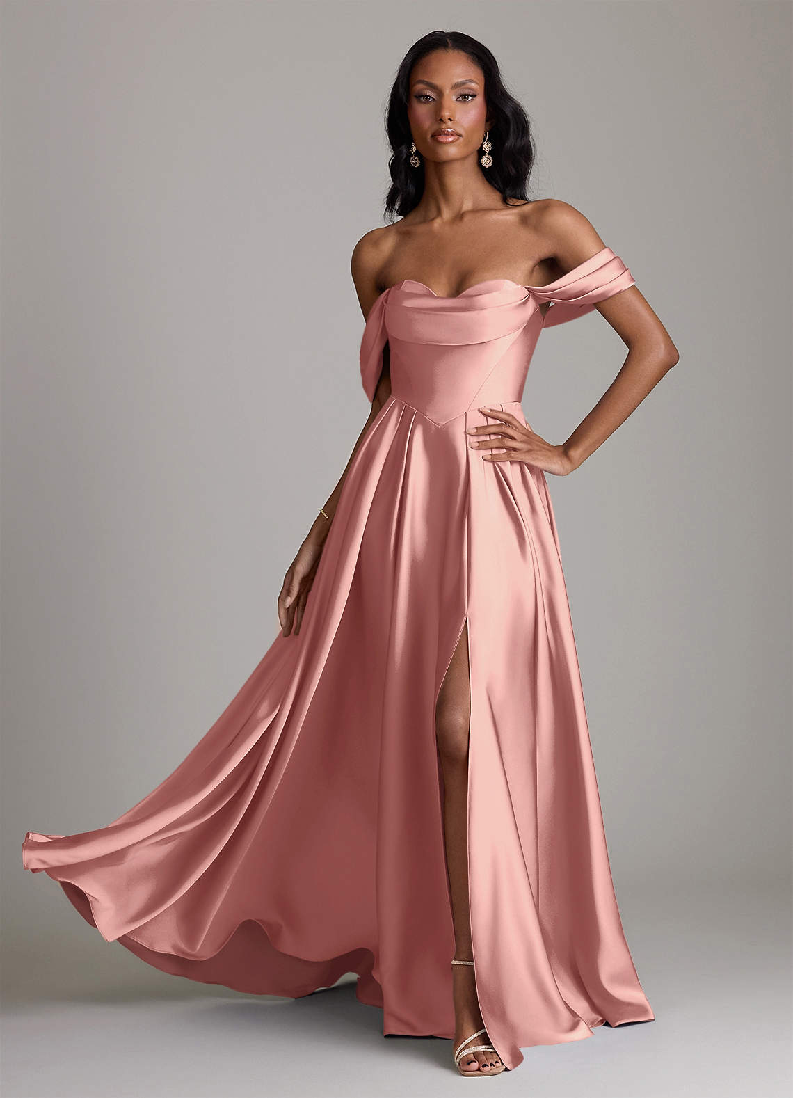 Loisa A-Line Off-the-Shoulder Stretch Satin Bridesmaid Dress in Rosette