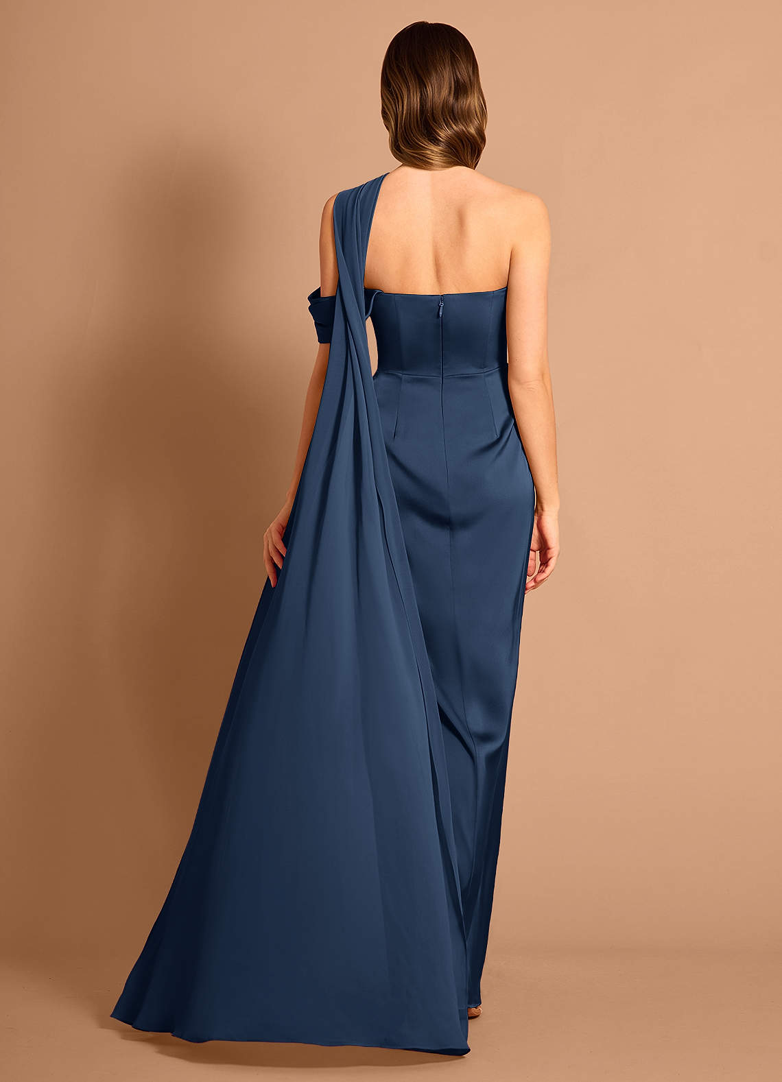 Meliora Asymmetric Strapless Chiffon-Drape Stretch Satin Evening Dress in Navy