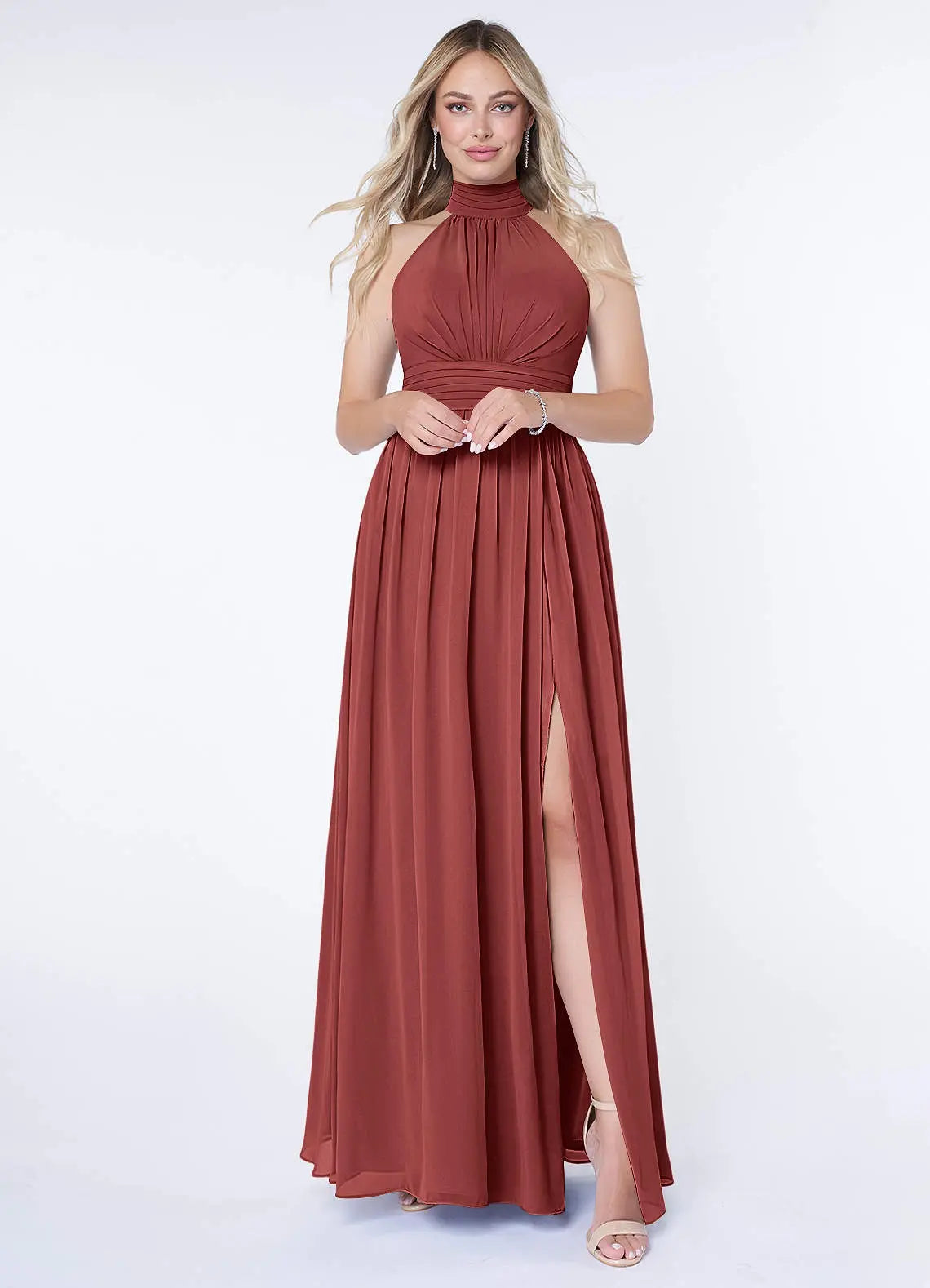Iman A-Line Halter Chiffon Bridesmaid Dress in Terracotta