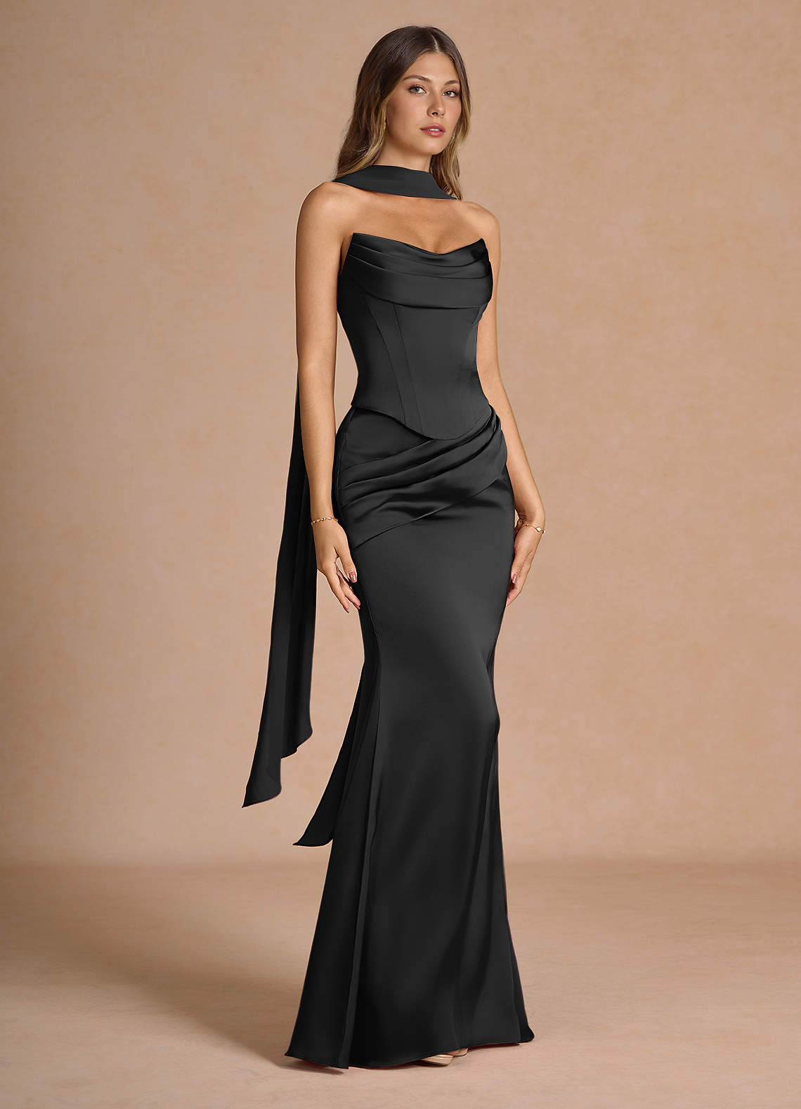 Sorrel Mermaid Corset Stretch Satin Evening Set in black
