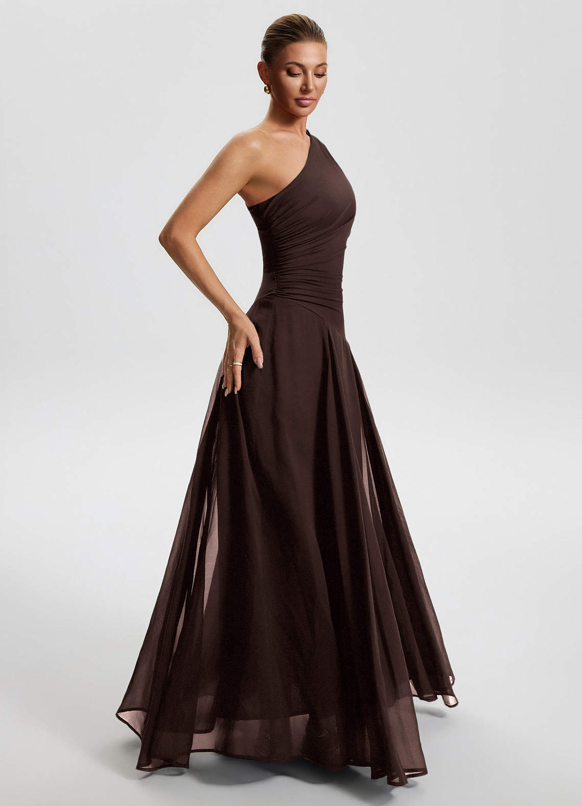 Sylvaine A-Line One-Shoulder Chiffon Wedding Guest Dress in Ganache