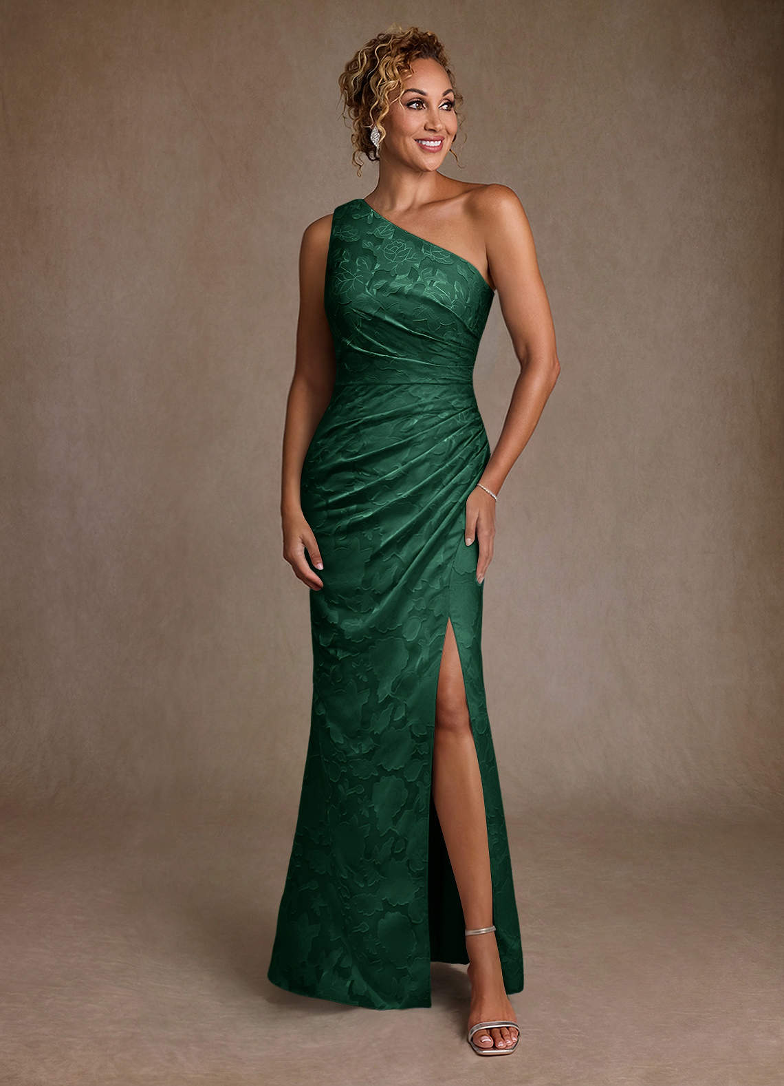 Joylin Trumpet One-Shoulder Floral Burnout Mother of the Bride Dress in Dark Green