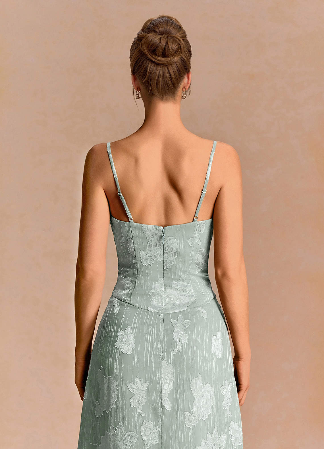 Noelle A-Line Lace-Trim Floral Burnout Evening Dress in Frosted Sage