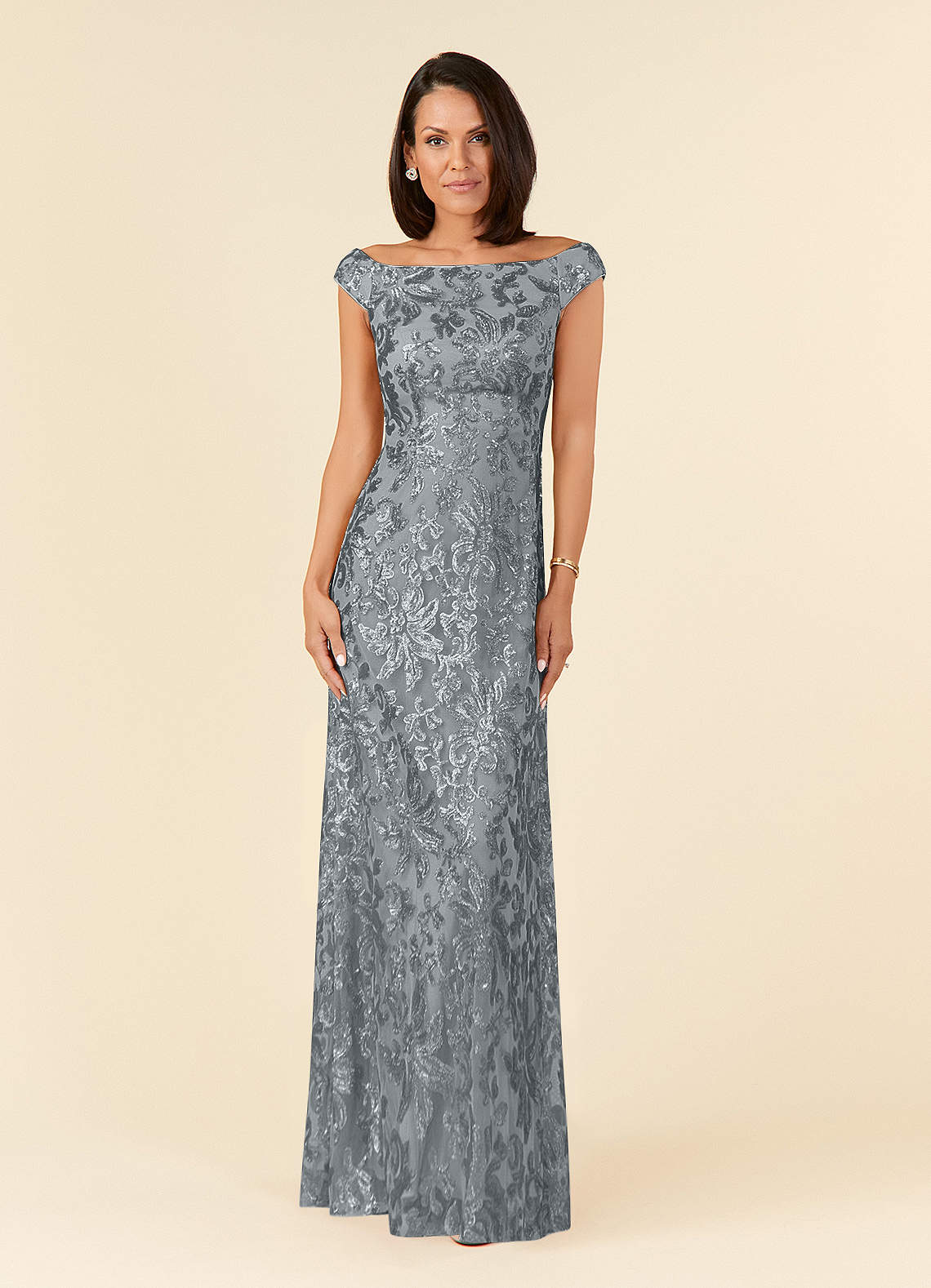 Porcelain A-Line Off-the-Shoulder Lace Mother of the Bride Dress in Steel Grey