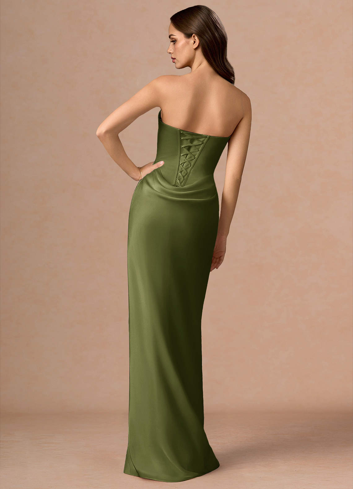 Valencia Scarf Lace-Up Stretch Satin Evening Dress in Olive
