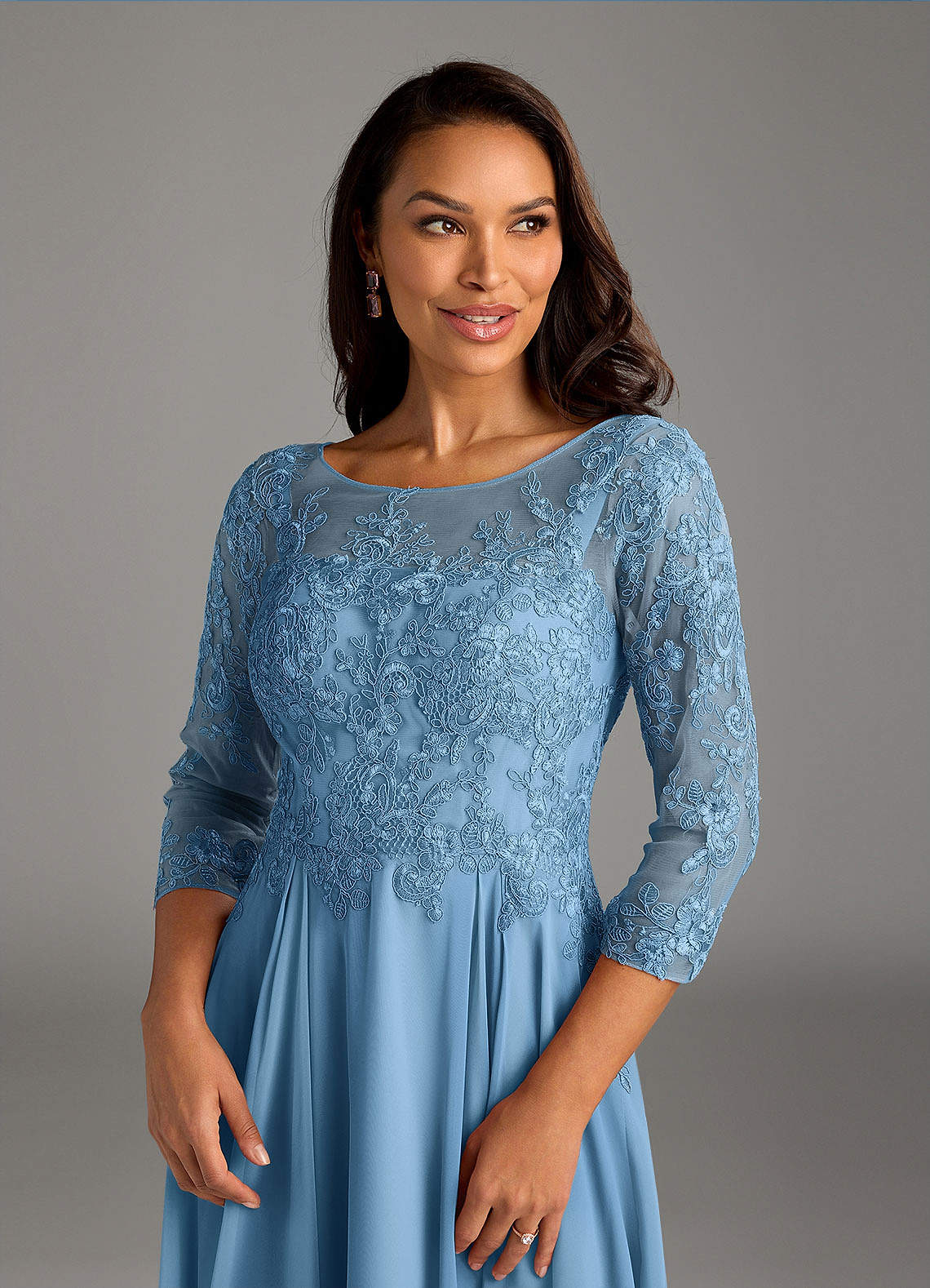Marge A-Line Scoop-Neck Chiffon and Lace Mother of the Bride Dress in Steel Blue