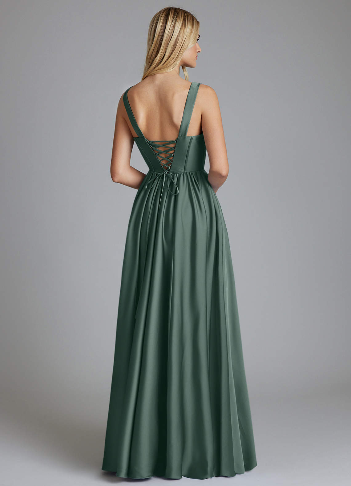 Delmie A-Line V-Neck Stretch Satin Bridesmaid Dress in Sea Moss