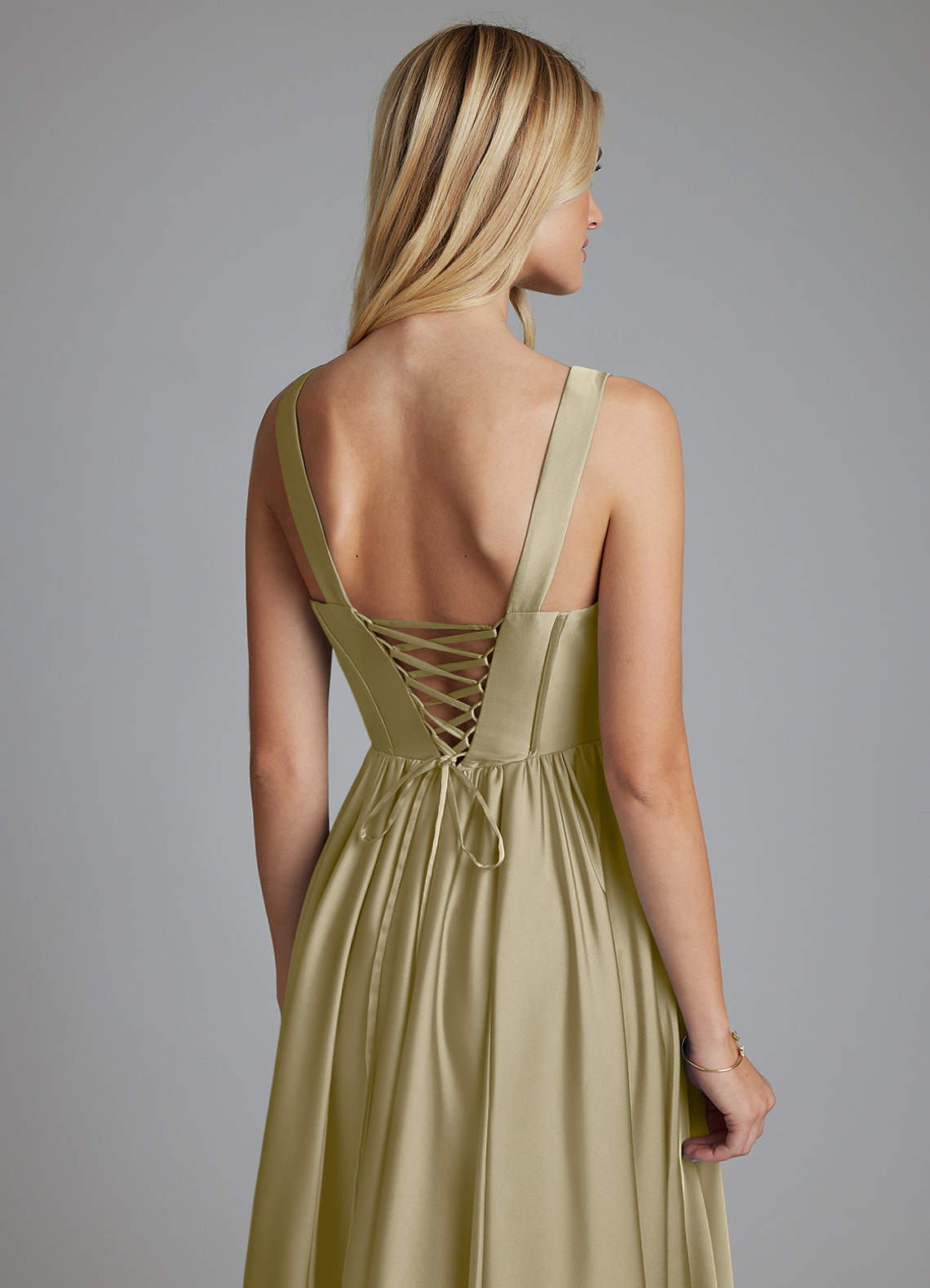 Delmie A-Line V-Neck Stretch Satin Bridesmaid Dress in Moss Green