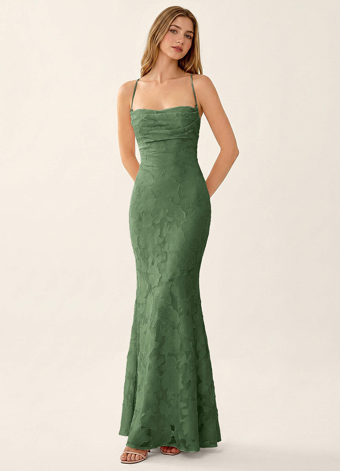 Natasha Mermaid Spaghetti-Strap Floral Burnout Evening Dress in eucalyptus