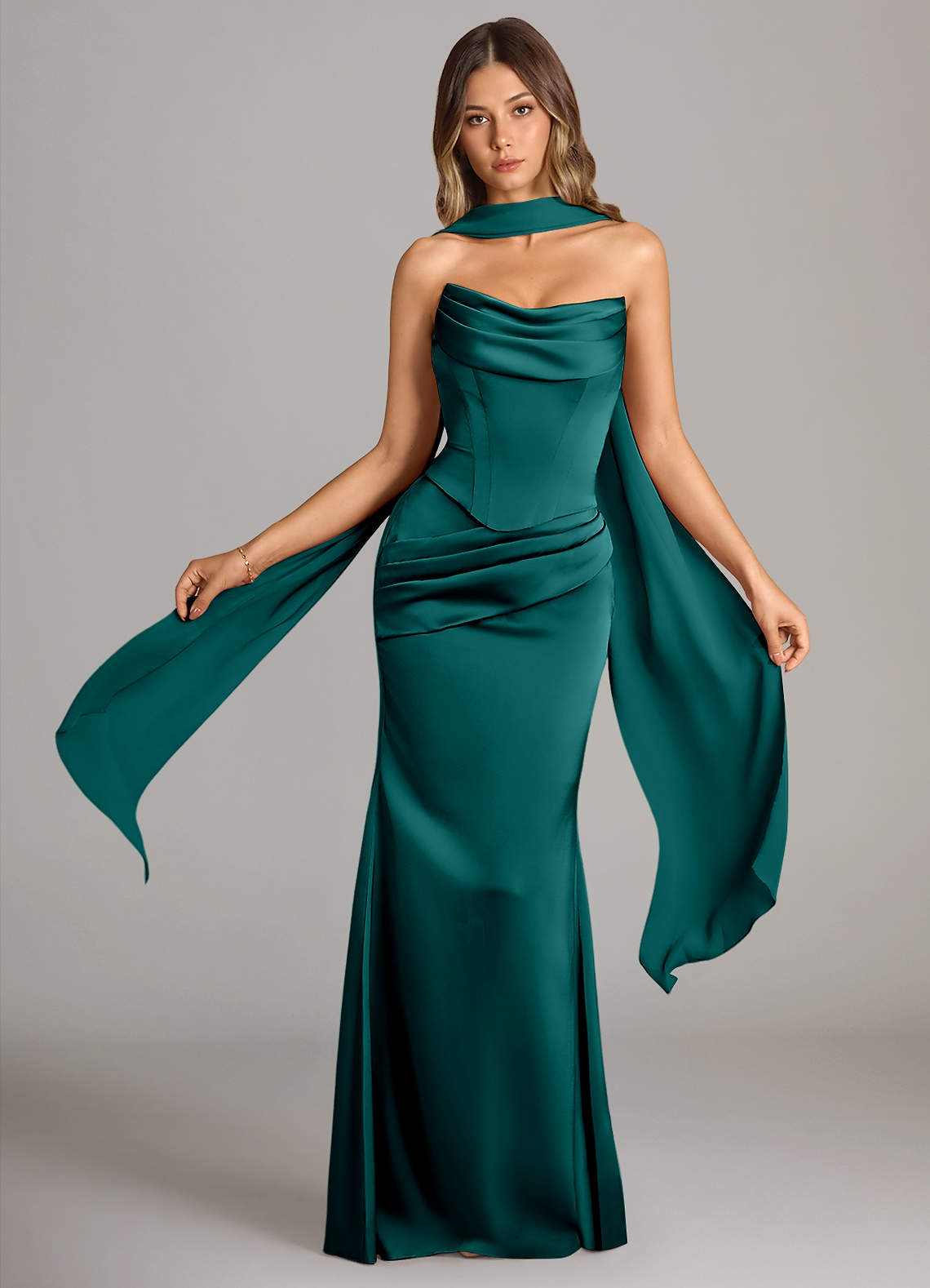 Sorrel Mermaid Cowl-Neck Stretch Satin and Chiffon Bridesmaid Dress in Peacock