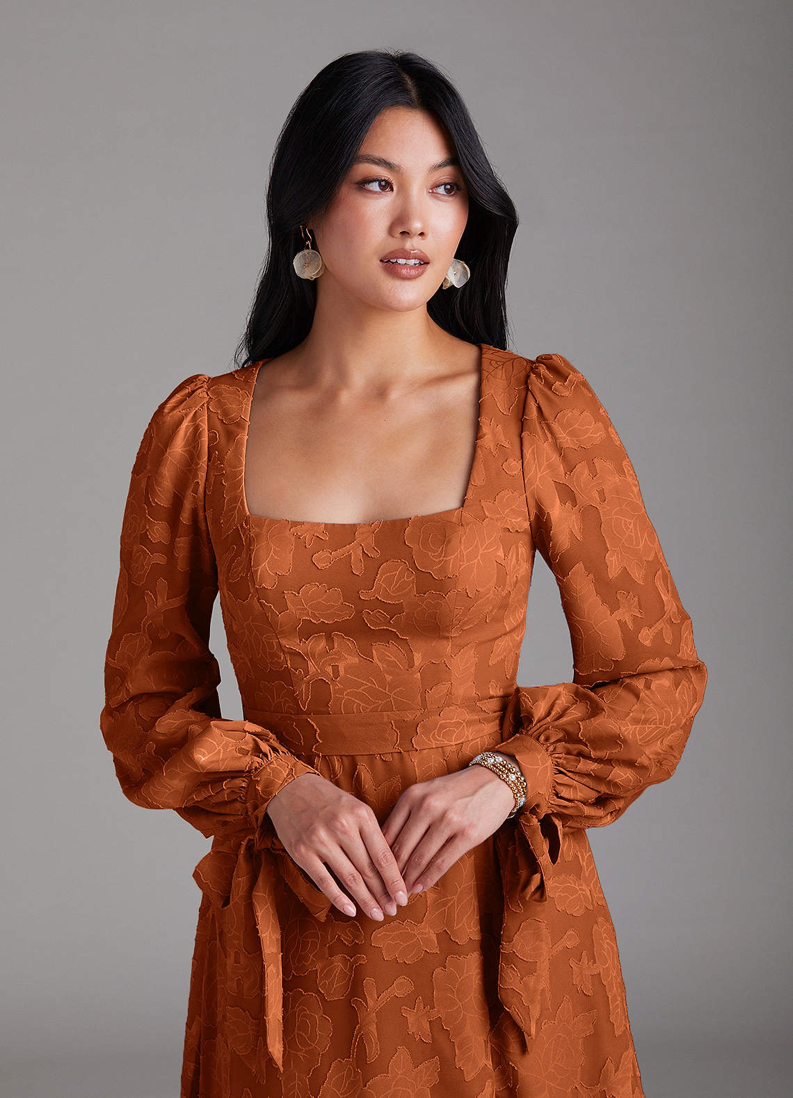 Leonia A-Line Square-Neck Stretch Satin Bridesmaid Dress in Burnt Orange