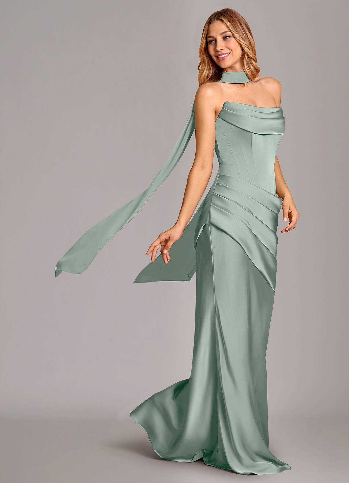 Pelagia Mermaid Cowl-Neck Stretch Satin Bridesmaid Dress in Agave