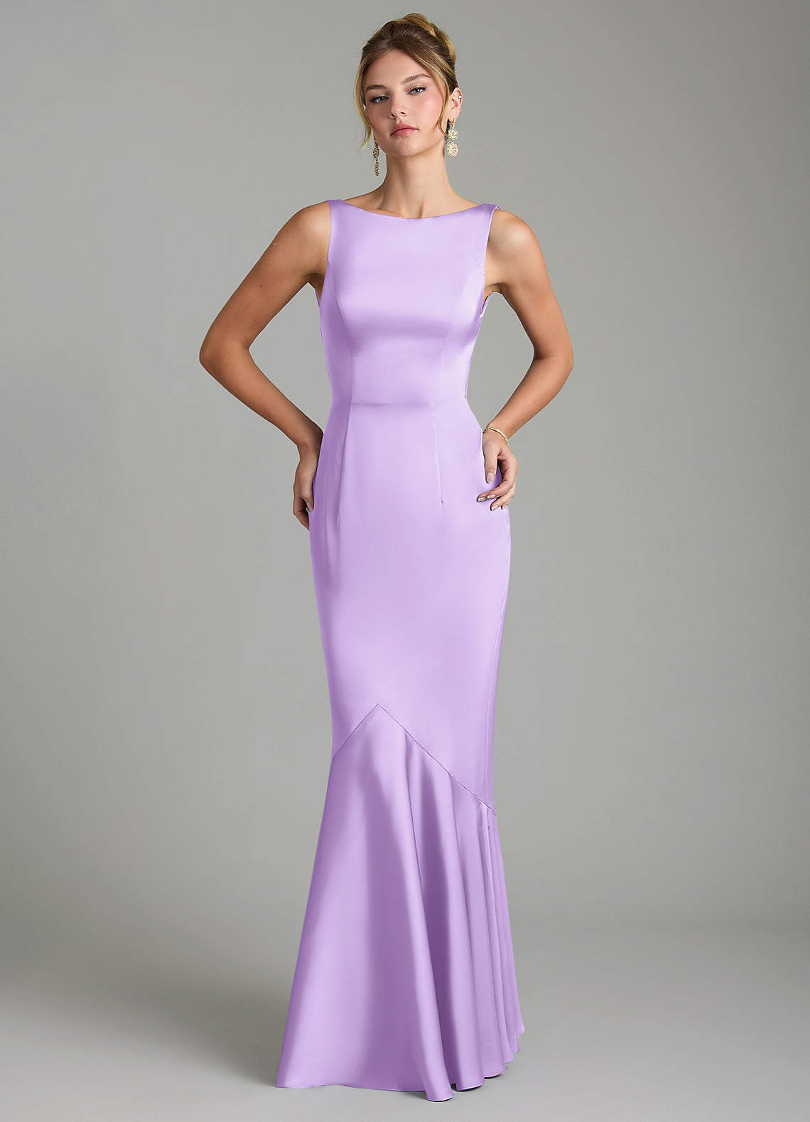 Tamera Mermaid Boat-Neck Stretch Satin and Chiffon Bridesmaid Dress in Lilac