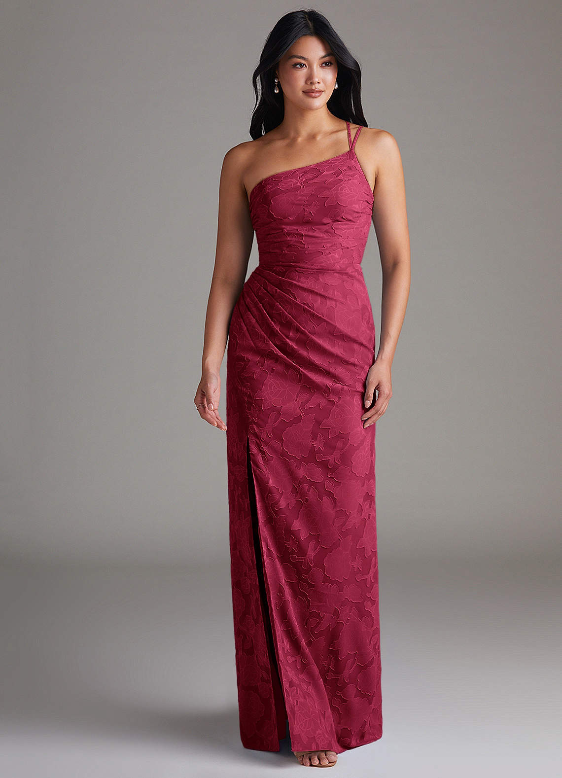 Eren Sheath One-Shoulder Floral Burnout Bridesmaid Dress in Burgundy