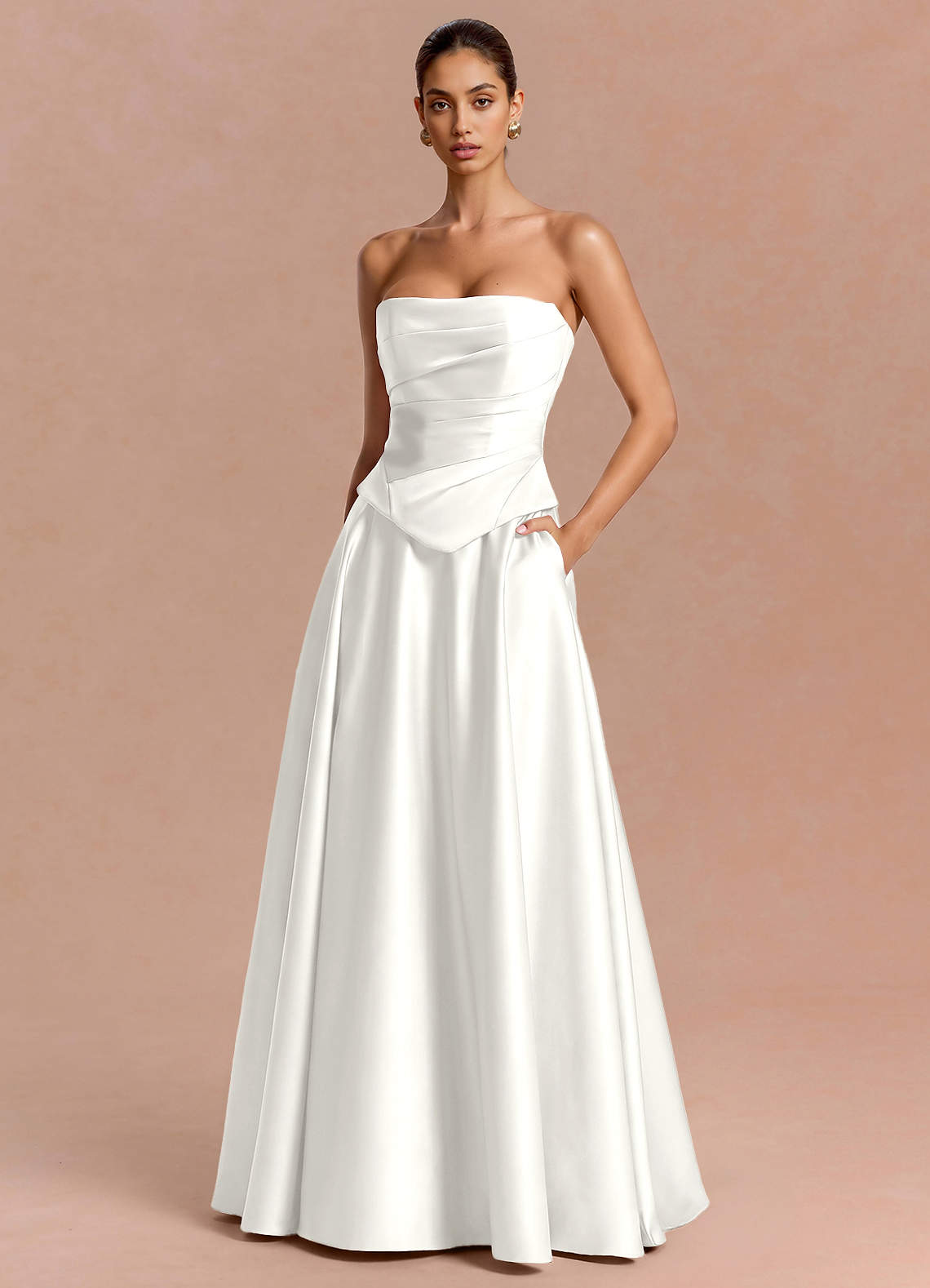 Eponine A-Line Pleated Stretch Satin Evening Dress in White