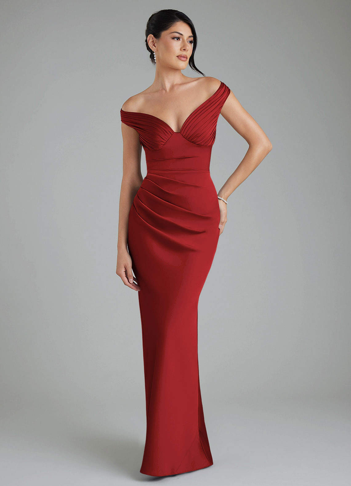 Stella Sheath V-Neck Stretch Satin Bridesmaid Dress in Pomegranate