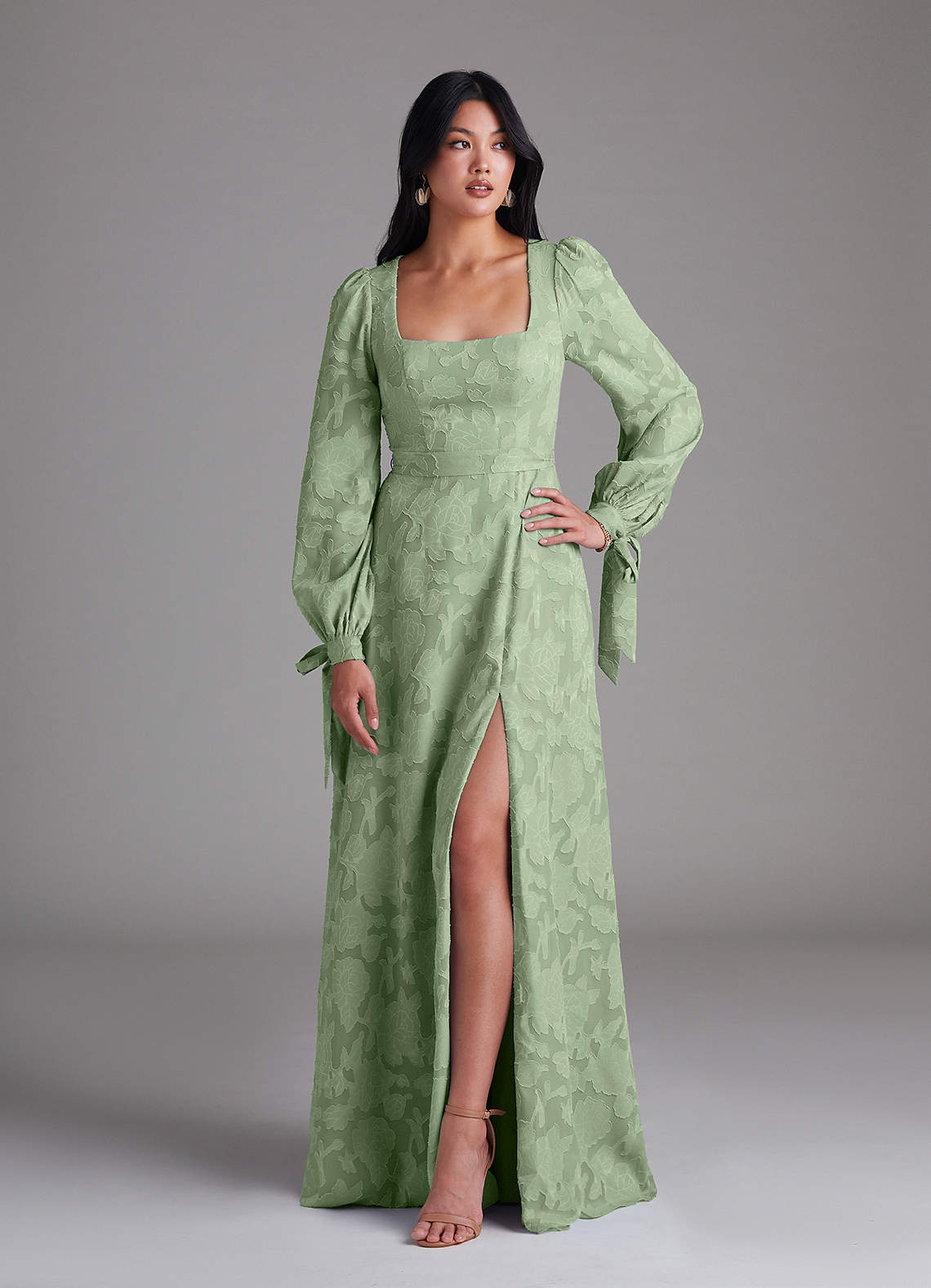 Leonia A-Line Square-Neck Stretch Satin Bridesmaid Dress in Dusty Sage