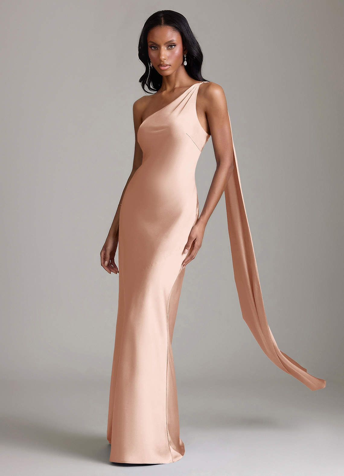 Juniper Mermaid One-Shoulder Stretch Satin Bridesmaid Dress in rose gold