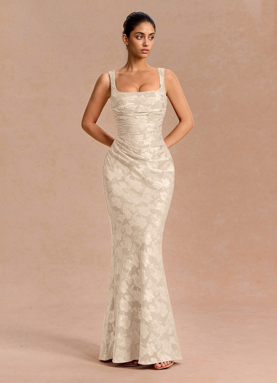 Agustina Square-Neck Pleated Fil Coupé Evening Dress in Lemon Sorbet