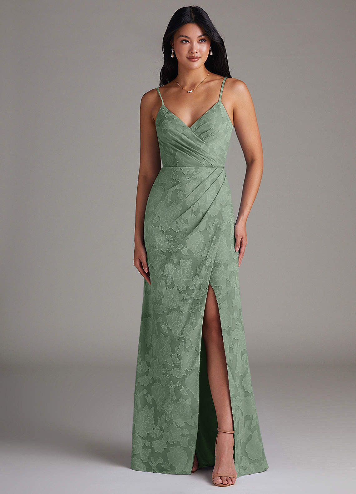 Maci Sheath V-Neck Floral Burnout Bridesmaid Dress in Matcha