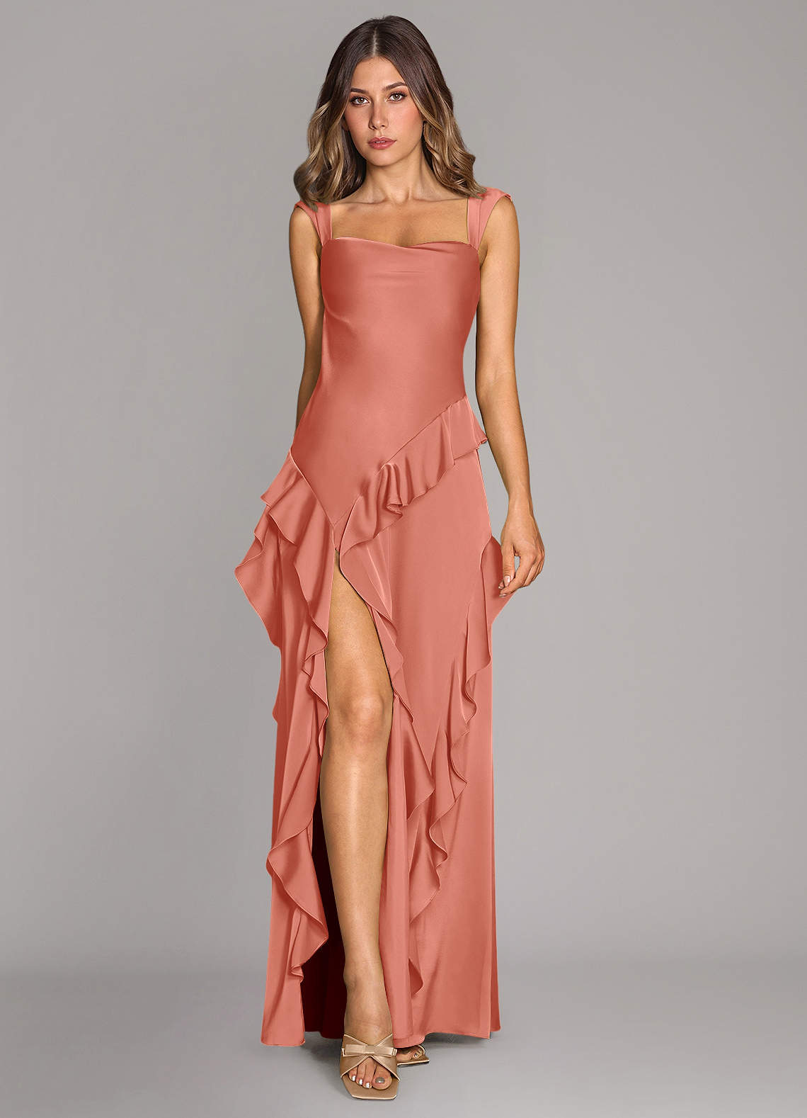 Sloane A-Line Sweetheart Stretch Satin Bridesmaid Dress in Salmon Pink