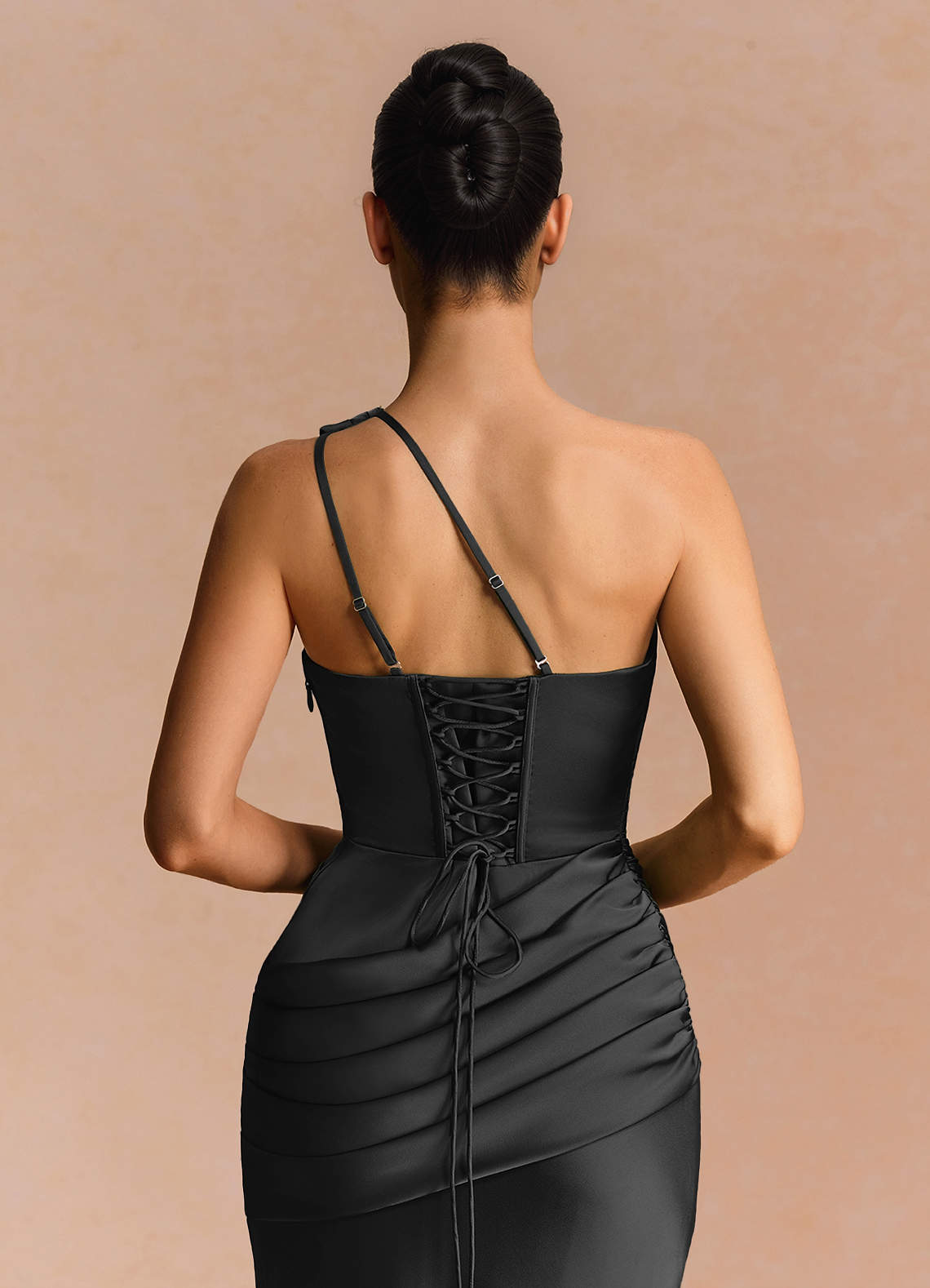 Guinevere One-Shoulder Cutout Stretch Satin Evening Dress in black
