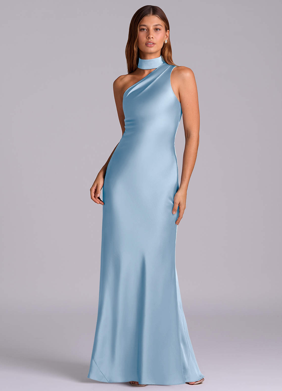 Seona Mermaid One-Shoulder Stretch Satin and Tulle Bridesmaid Dress in Powder Blue