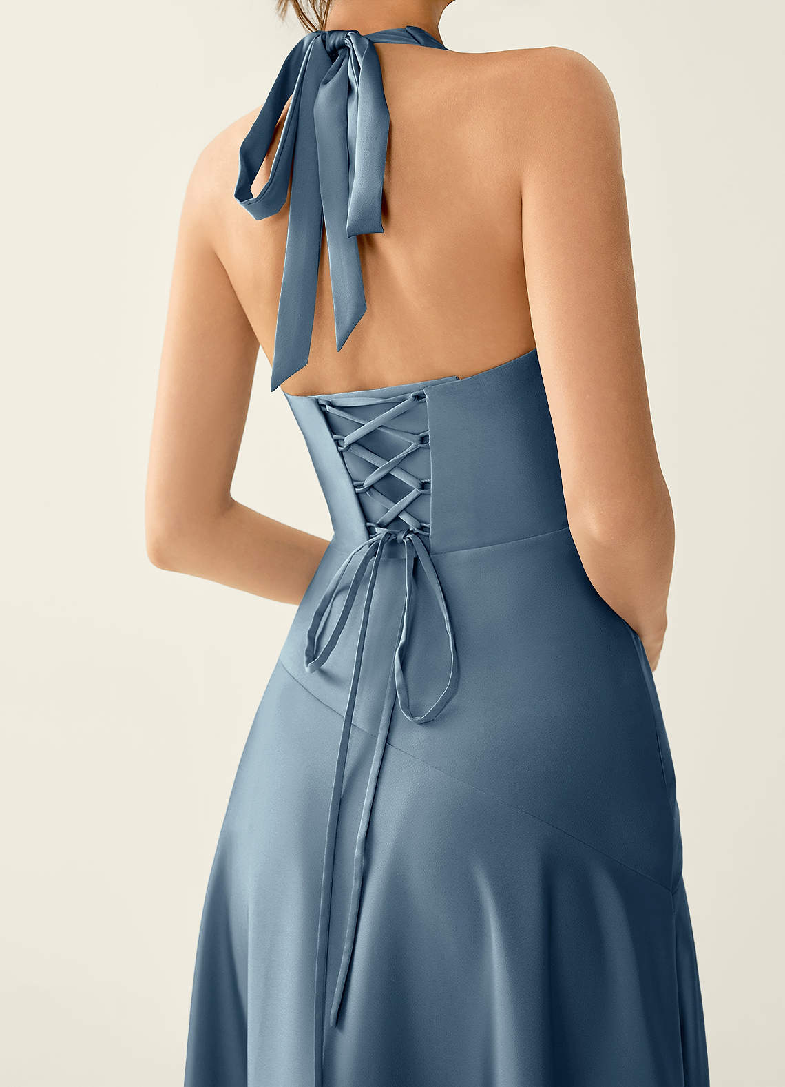 Titania Halter Asymmetric-Ruffle Satin Evening Dress in Powder Blue