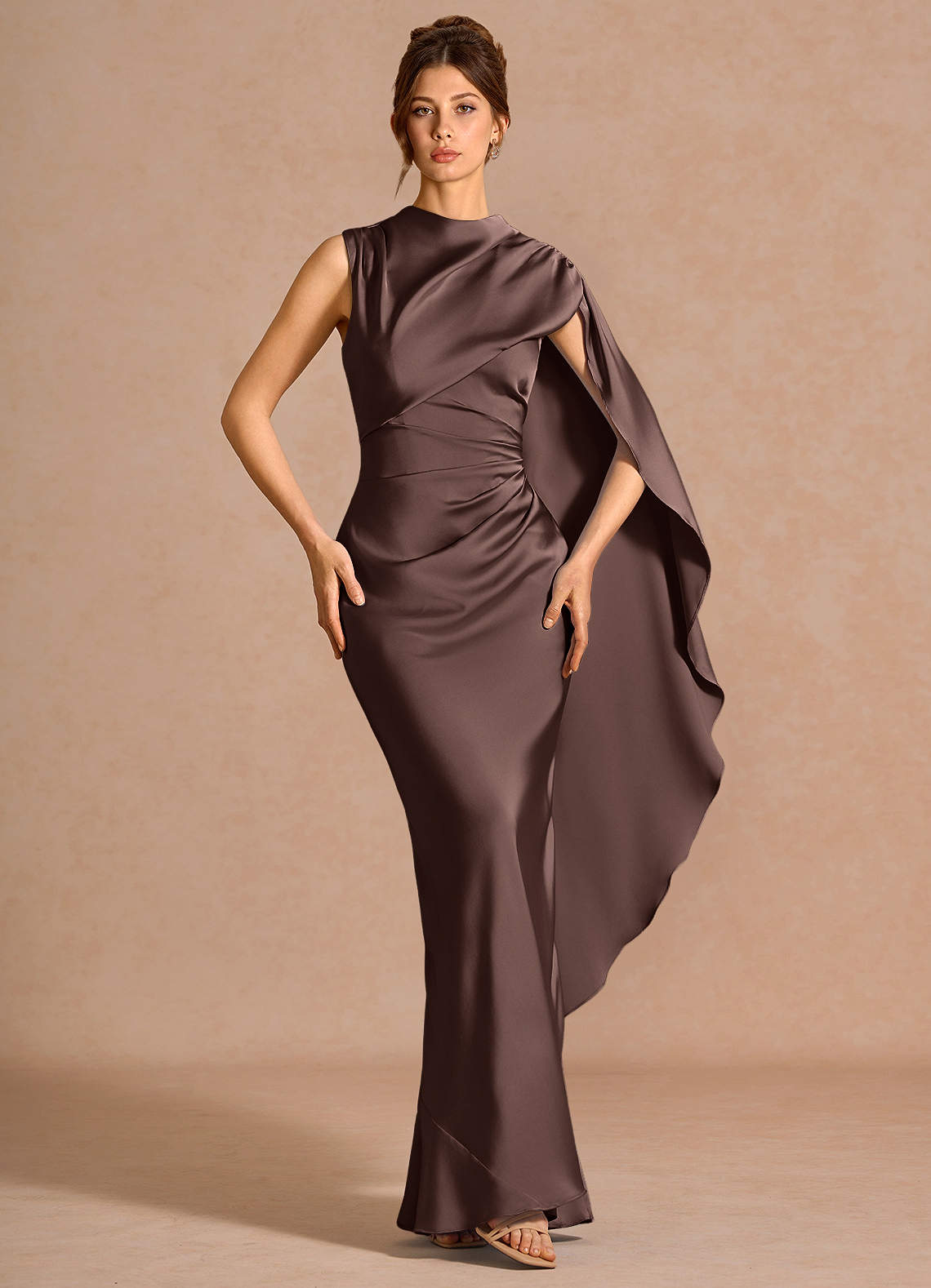 Chesney Cape-Sleeve Pleated Stretch Satin Wedding Guest Dress in Truffle