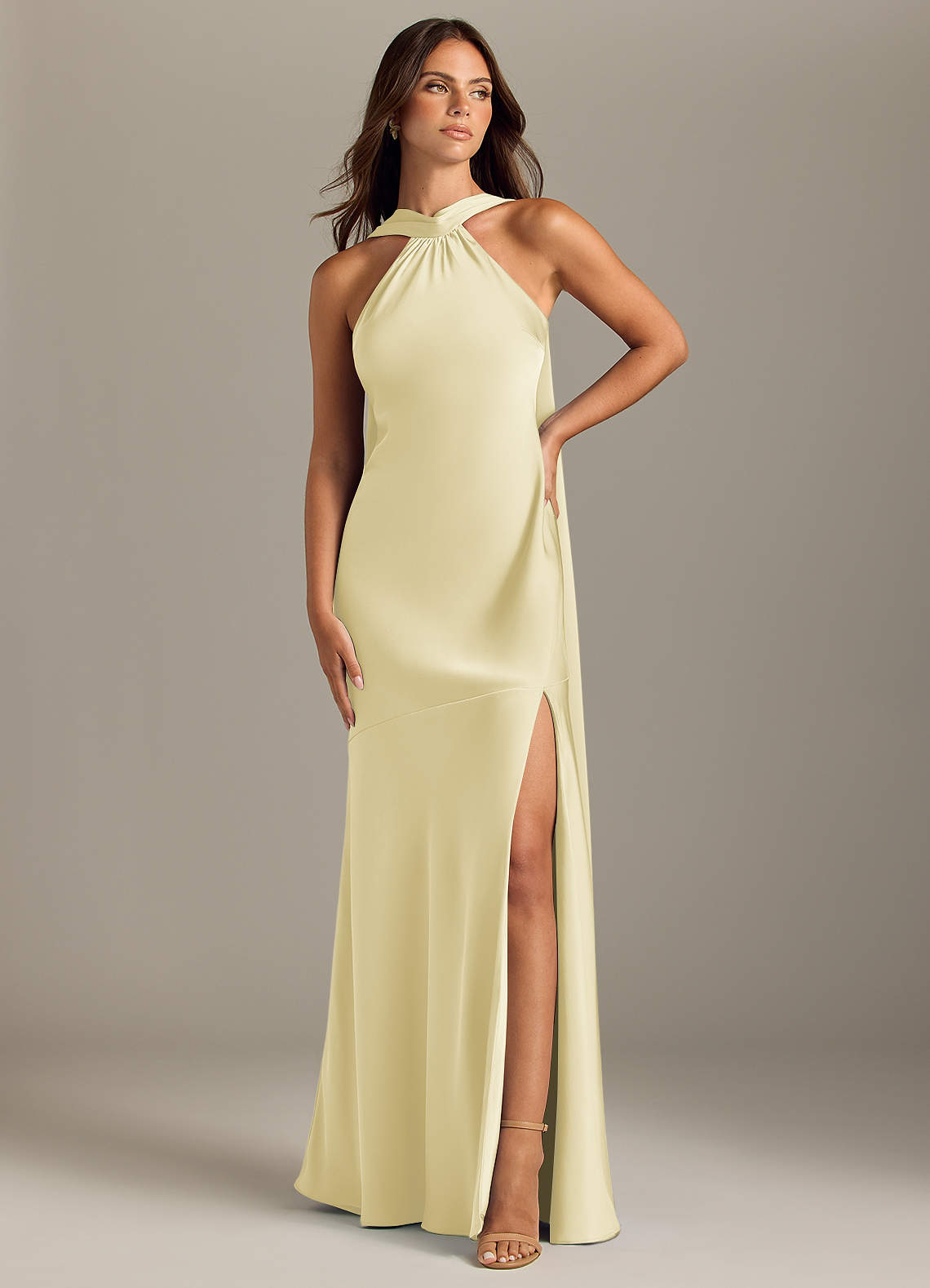 Kinsley Mermaid Halter Stretch Satin Bridesmaid Dress in Lemon Sorbet