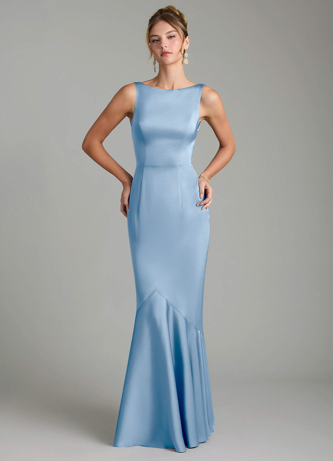 Tamera Mermaid Boat-Neck Stretch Satin and Chiffon Bridesmaid Dress in Powder Blue