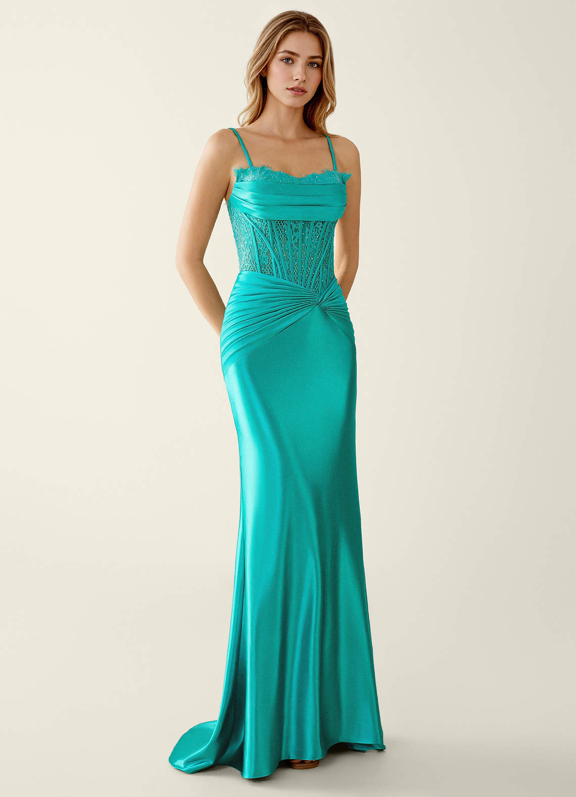 Sasha Mermaid Strapless Stretch Satin Evening Dress in Peacock Blue