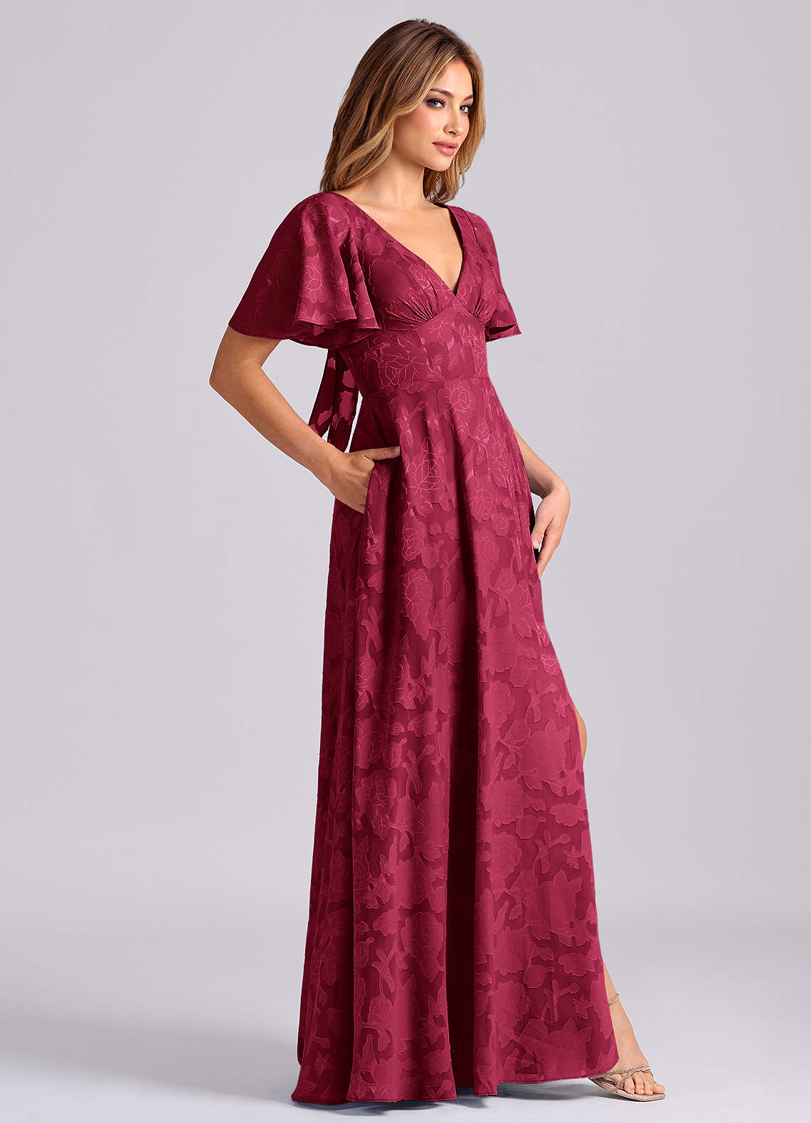 Kimber A-Line V-Neck Floral Burnout Bridesmaid Dress in Burgundy