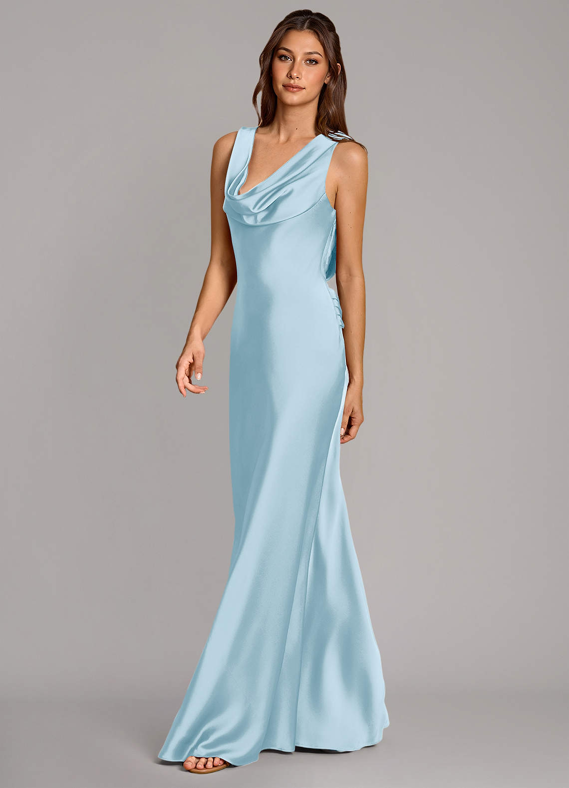 Cheryl Mermaid Cowl-Neck Stretch Satin Bridesmaid Dress in Sky Blue